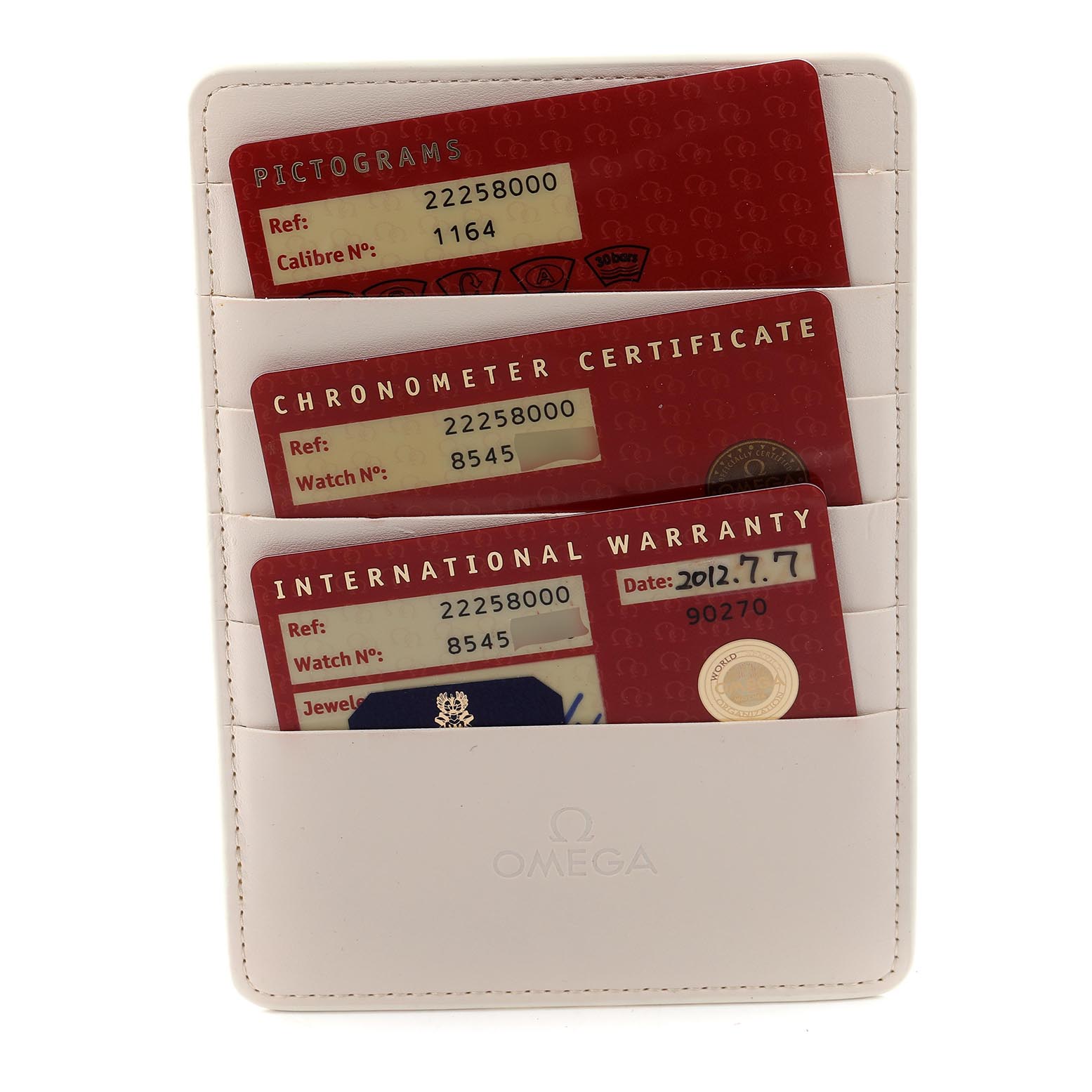 The image shows a set of cards including a pictogram, chronometer certificate, and international warranty for an Omega Seamaster 2225.80.00 Men
s Stainless Steel Blue Dial 2225.80.00 Men
s Stainless Steel Blue Dial watch.