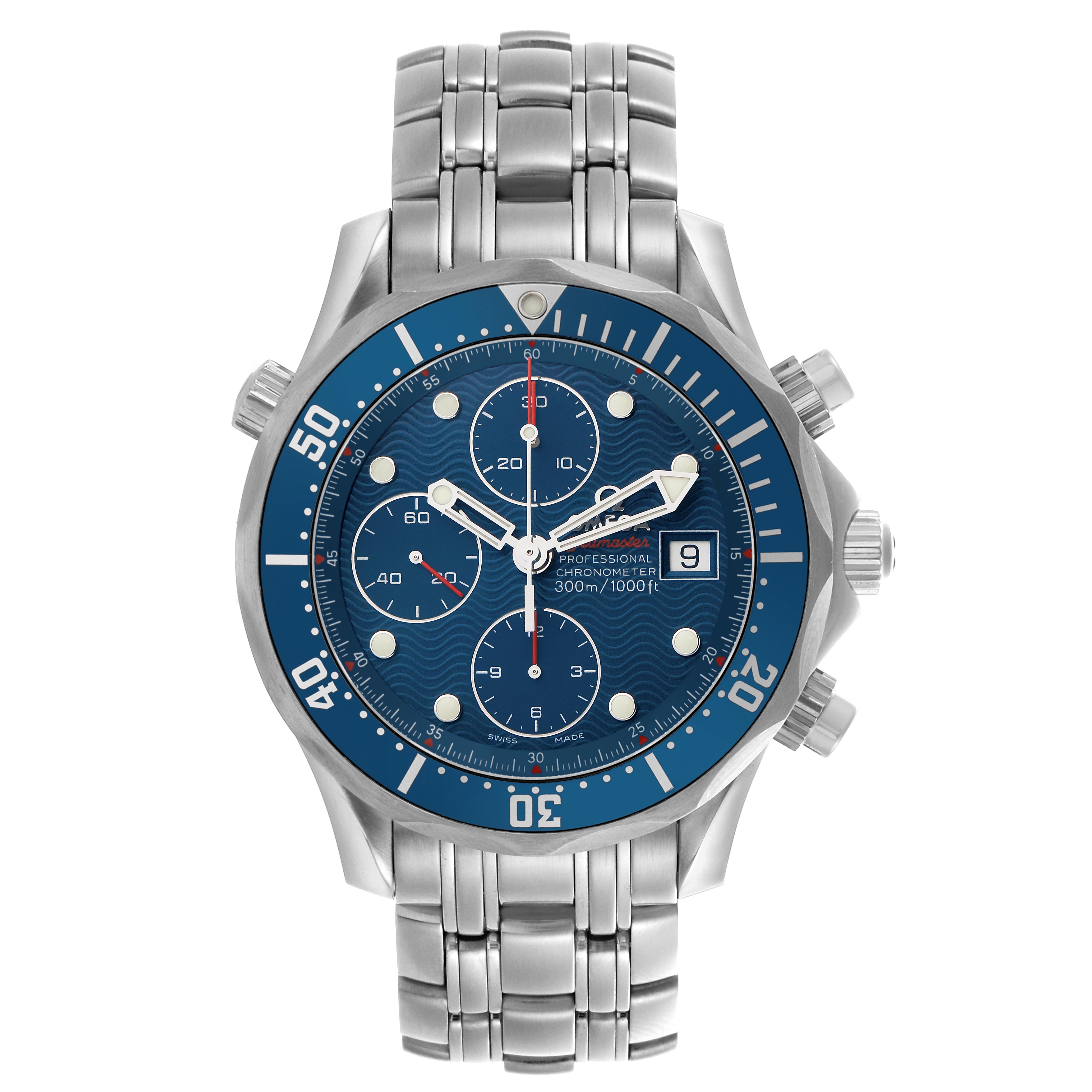The Omega Seamaster 2225.80.00 Men
s Stainless Steel Blue Dial 2225.80.00 Men
s Stainless Steel Blue Dial watch is shown from a front angle, displaying its dial, bezel, and metal bracelet.
