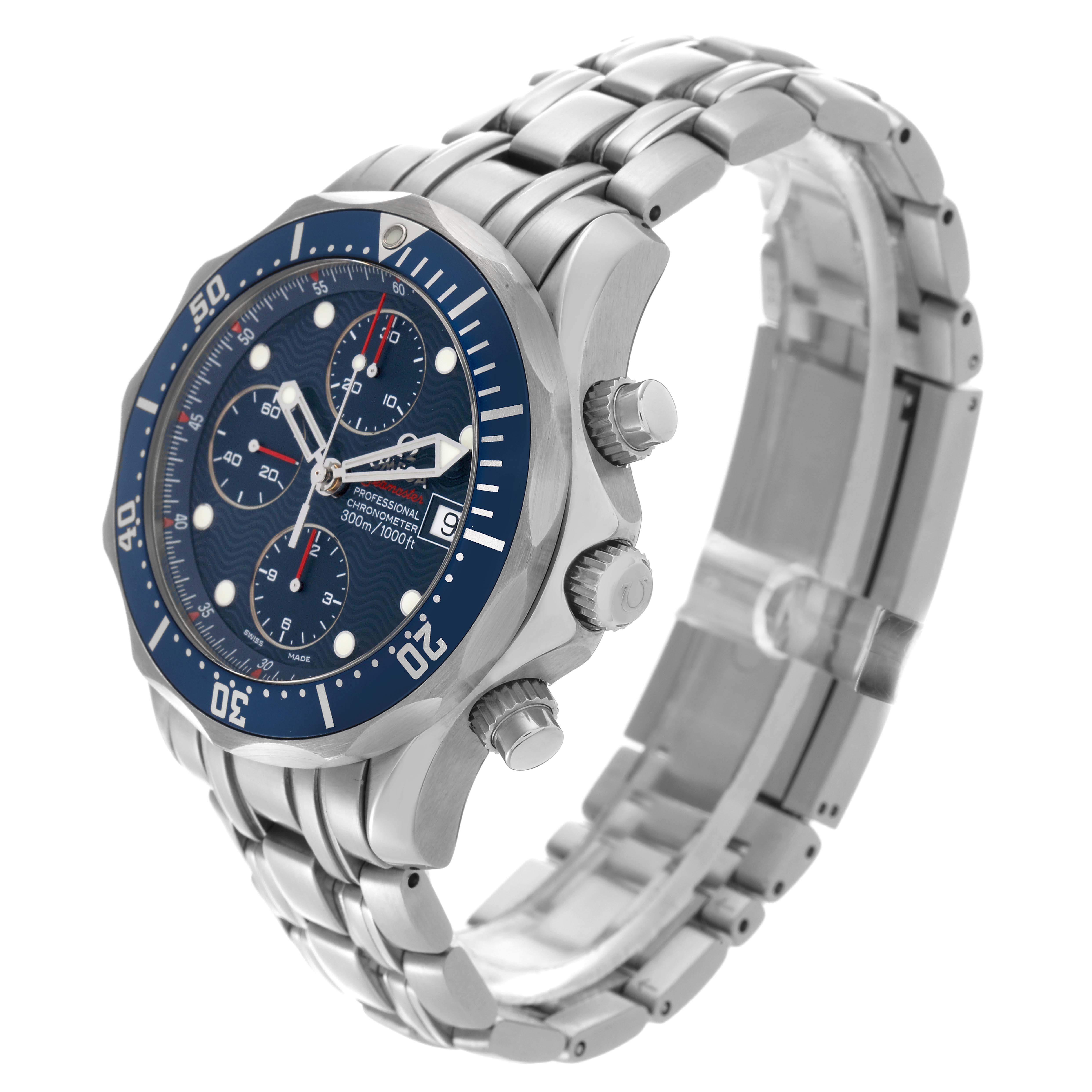 The Omega Seamaster 2225.80.00 Men's Stainless Steel Blue Dial 2225.80.00 Men's Stainless Steel Blue Dial watch is shown at an oblique angle, highlighting the bezel, chronograph dials, and metal bracelet.