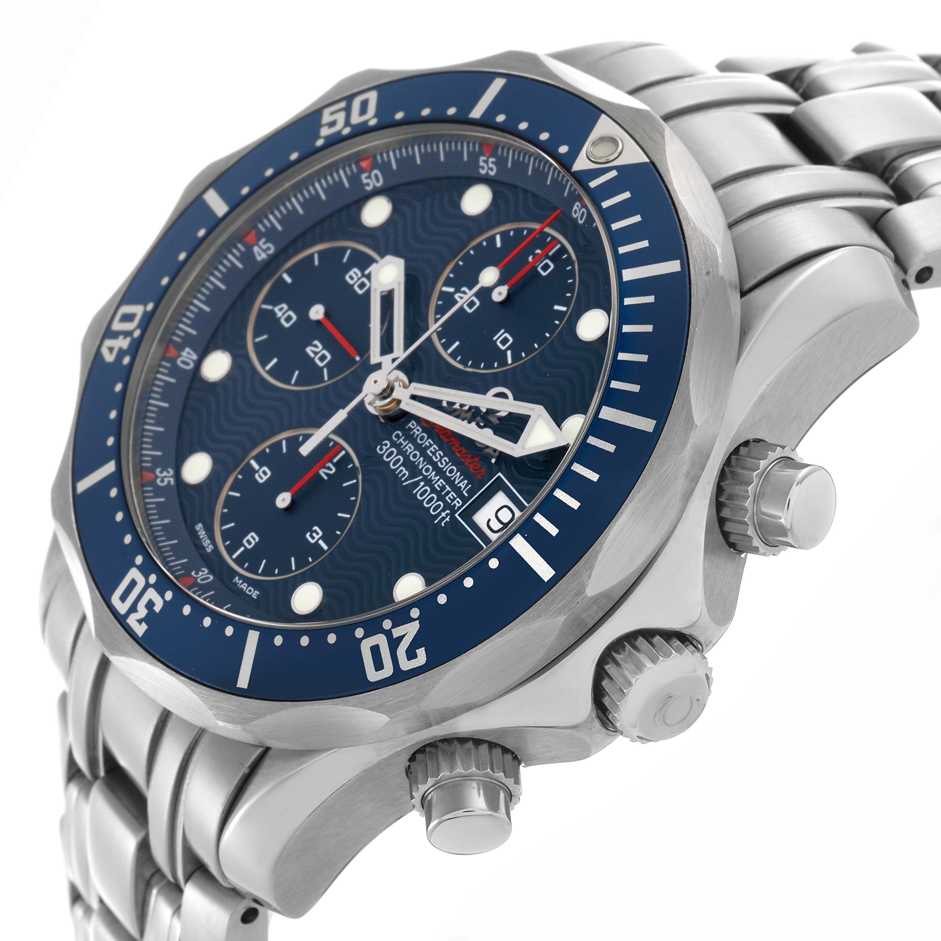 The Omega Seamaster 2225.80.00 Men's Stainless Steel Blue Dial 2225.80.00 Men's Stainless Steel Blue Dial watch is shown at an angled side view, highlighting the bezel, dial, crown, and metal bracelet.