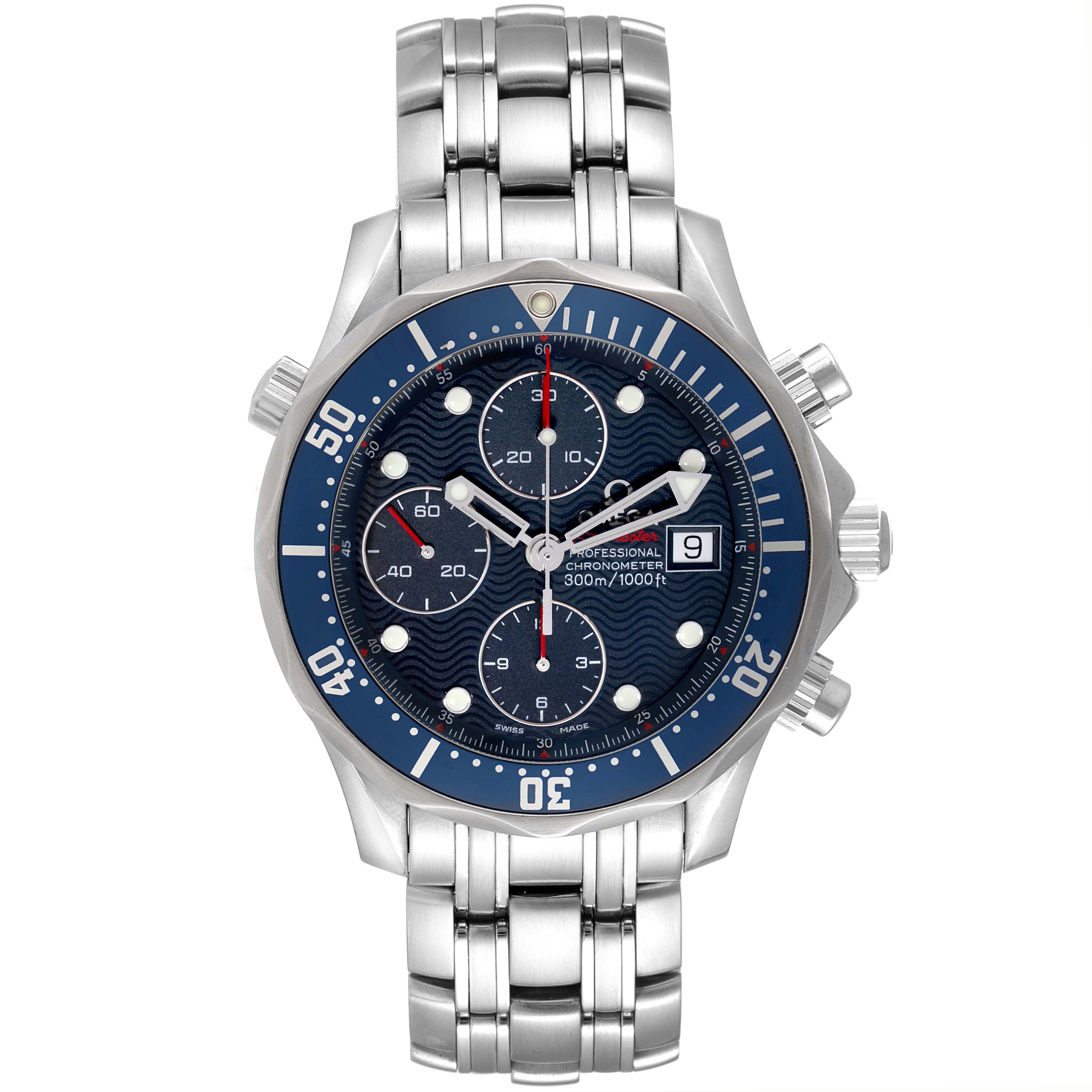 The Omega Seamaster 2225.80.00 Men's Stainless Steel Blue Dial 2225.80.00 Men's Stainless Steel Blue Dial watch is shown from the front, displaying the face, bezel, chronograph subdials, and stainless steel bracelet.