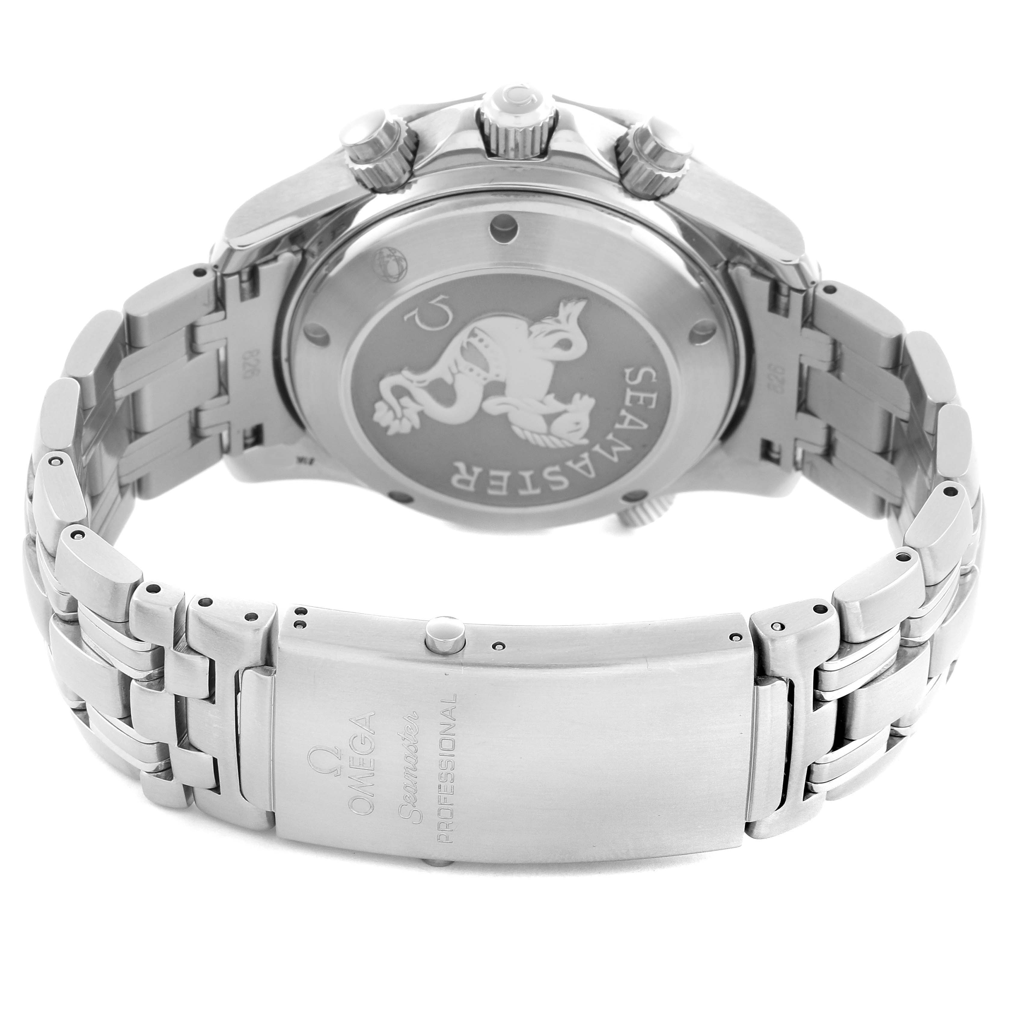 The image shows the back and clasp of an Omega Seamaster 2225.80.00 Men's Stainless Steel Blue Dial 2225.80.00 Men's Stainless Steel Blue Dial, highlighting its case back, bracelet, and engravings.