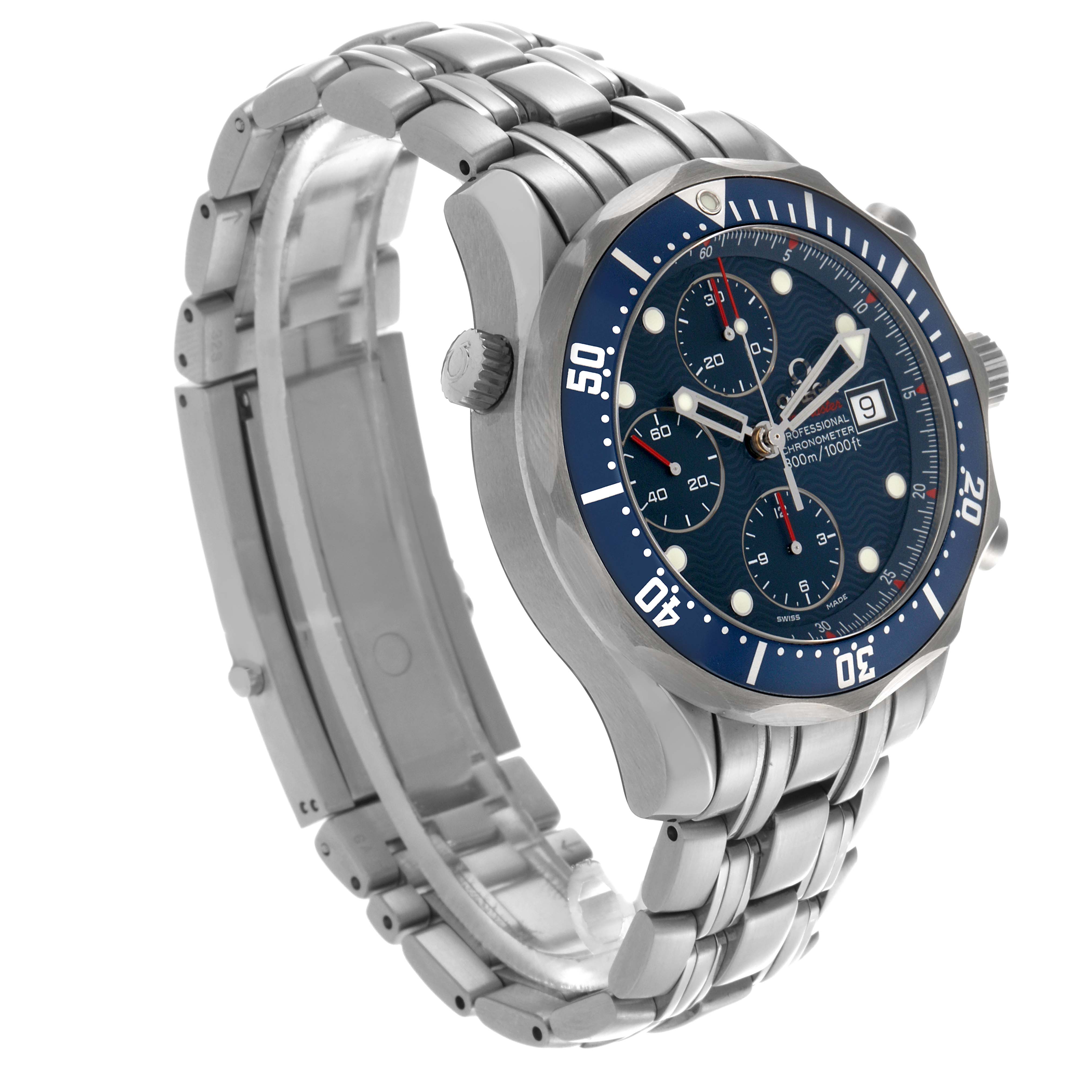 The Omega Seamaster 2225.80.00 Men's Stainless Steel Blue Dial 2225.80.00 Men's Stainless Steel Blue Dial watch is shown at a three-quarter angle, highlighting the face, bezel, case, crown, and bracelet.