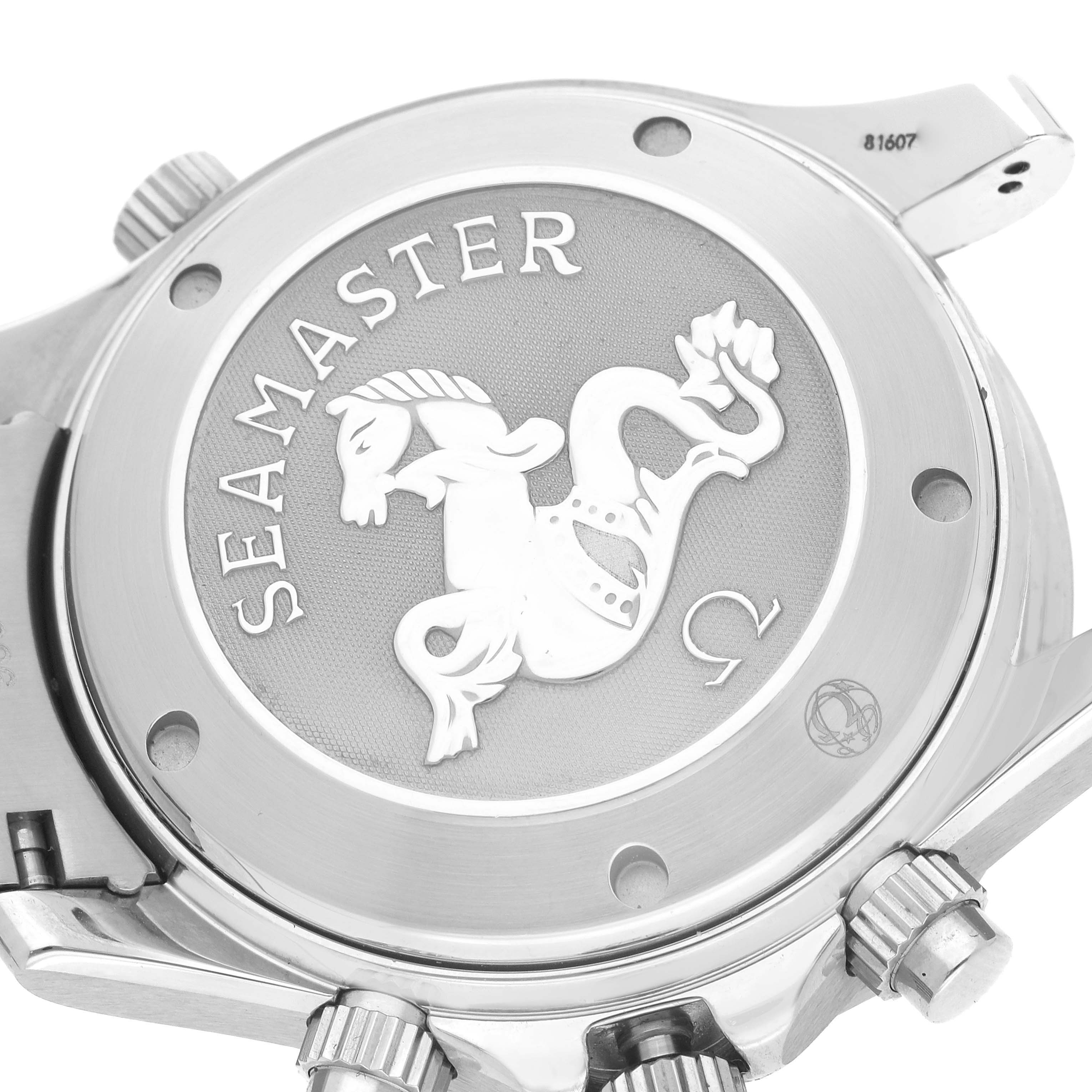 The image shows the back case of an Omega Seamaster 2225.80.00 Men's Stainless Steel Blue Dial 2225.80.00 Men's Stainless Steel Blue Dial watch, featuring the seahorse emblem and branding, viewed from the side.