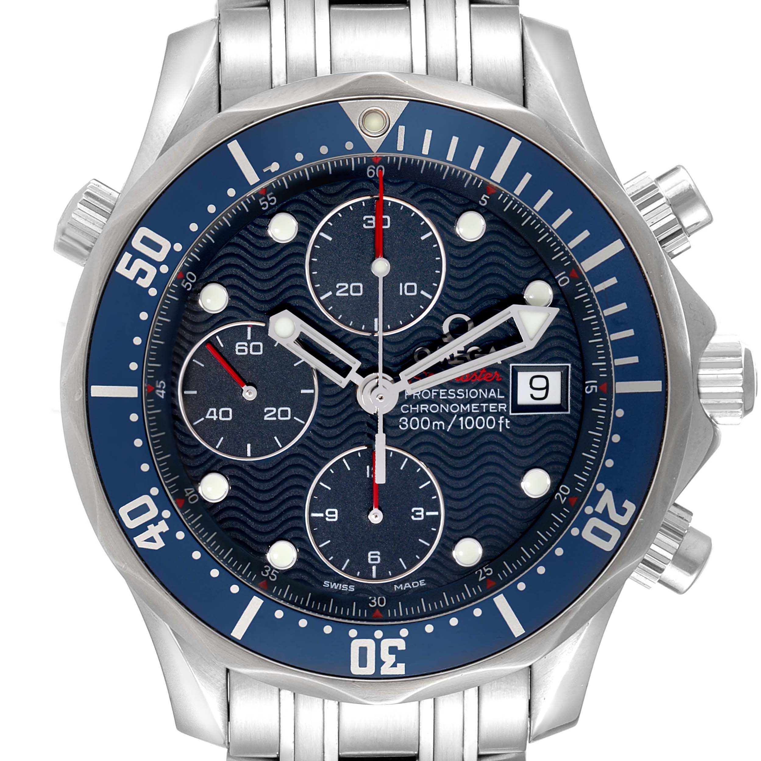 The Omega Seamaster 2225.80.00 Men's Stainless Steel Blue Dial 2225.80.00 Men's Stainless Steel Blue Dial watch is shown from the front, highlighting its face, bezel, and chronograph features.