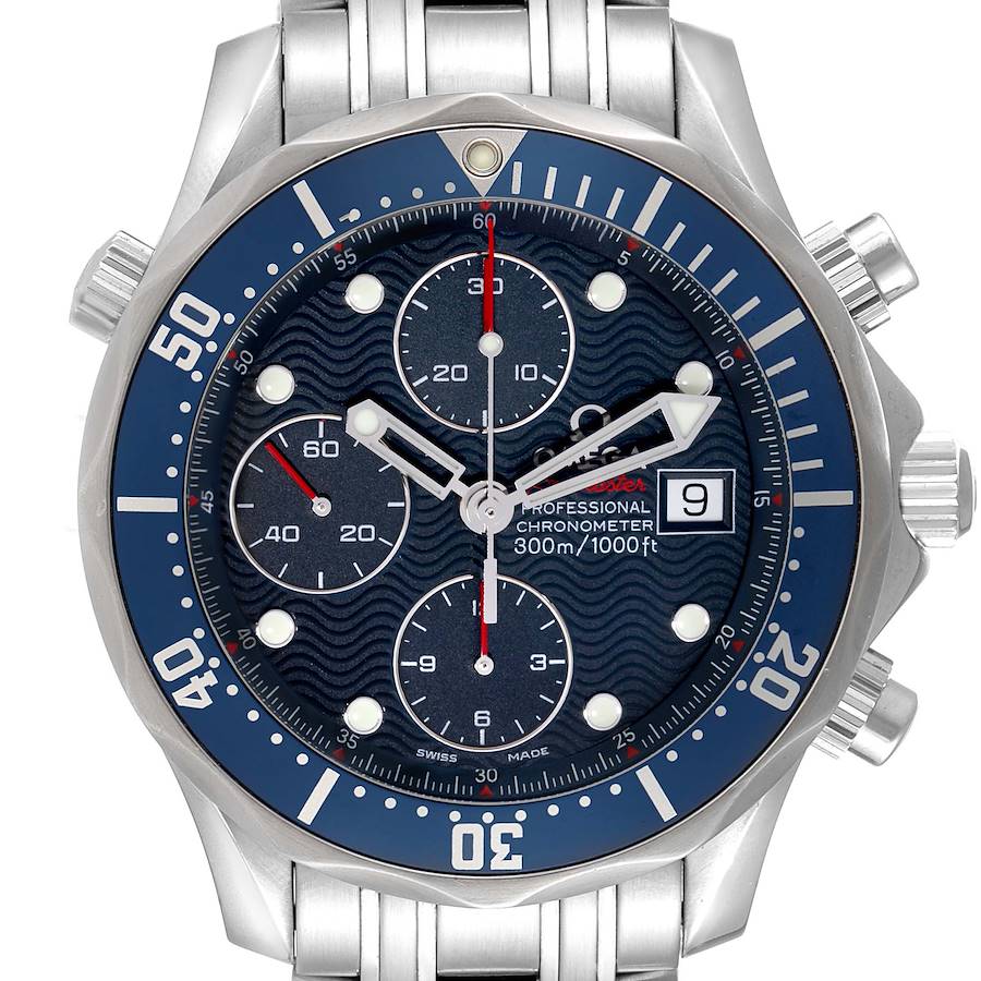 The Omega Seamaster watch is shown from the front, highlighting its face, bezel, and chronograph features.