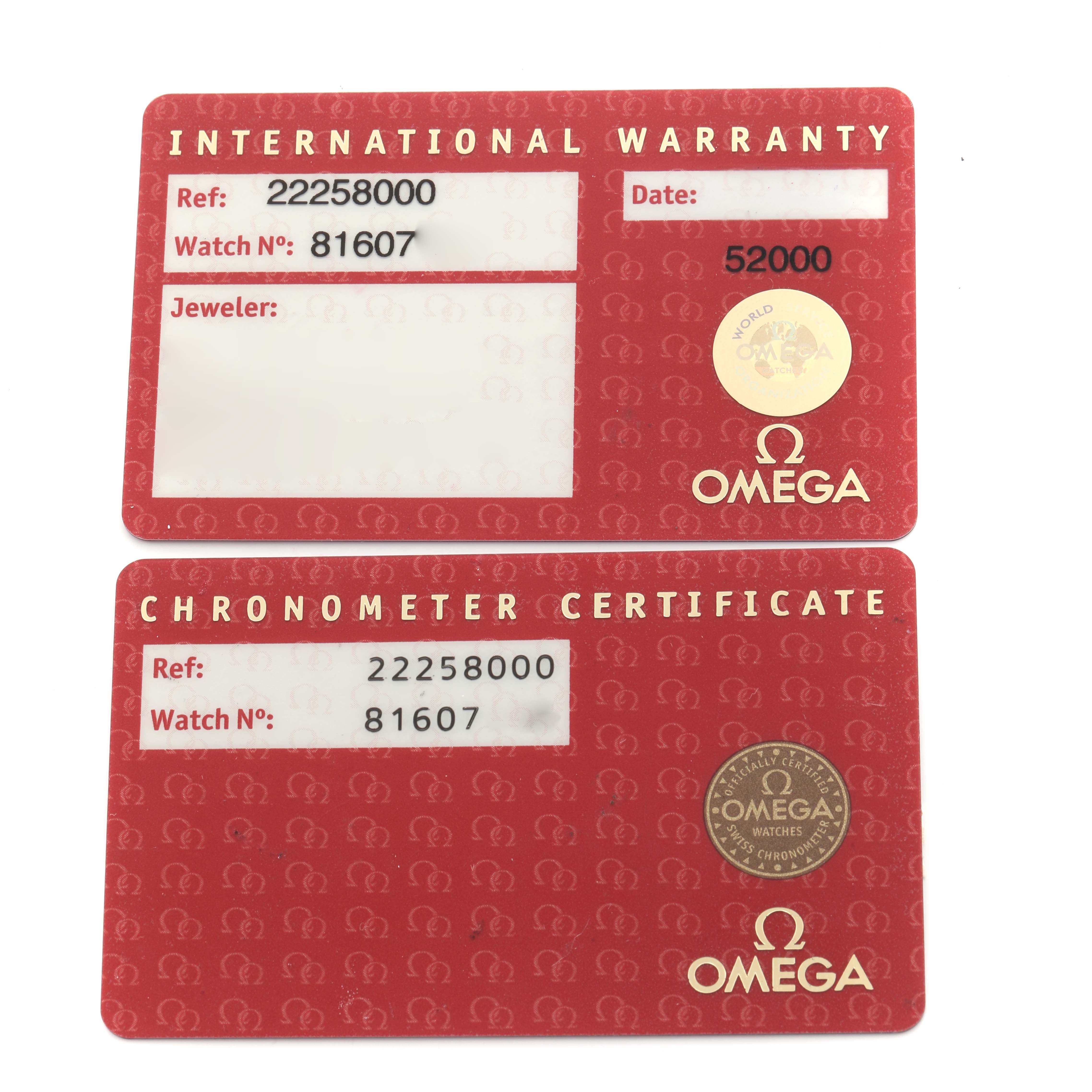 The image shows the International Warranty and Chronometer Certificate cards for an Omega Seamaster 2225.80.00 Men's Stainless Steel Blue Dial 2225.80.00 Men's Stainless Steel Blue Dial watch.