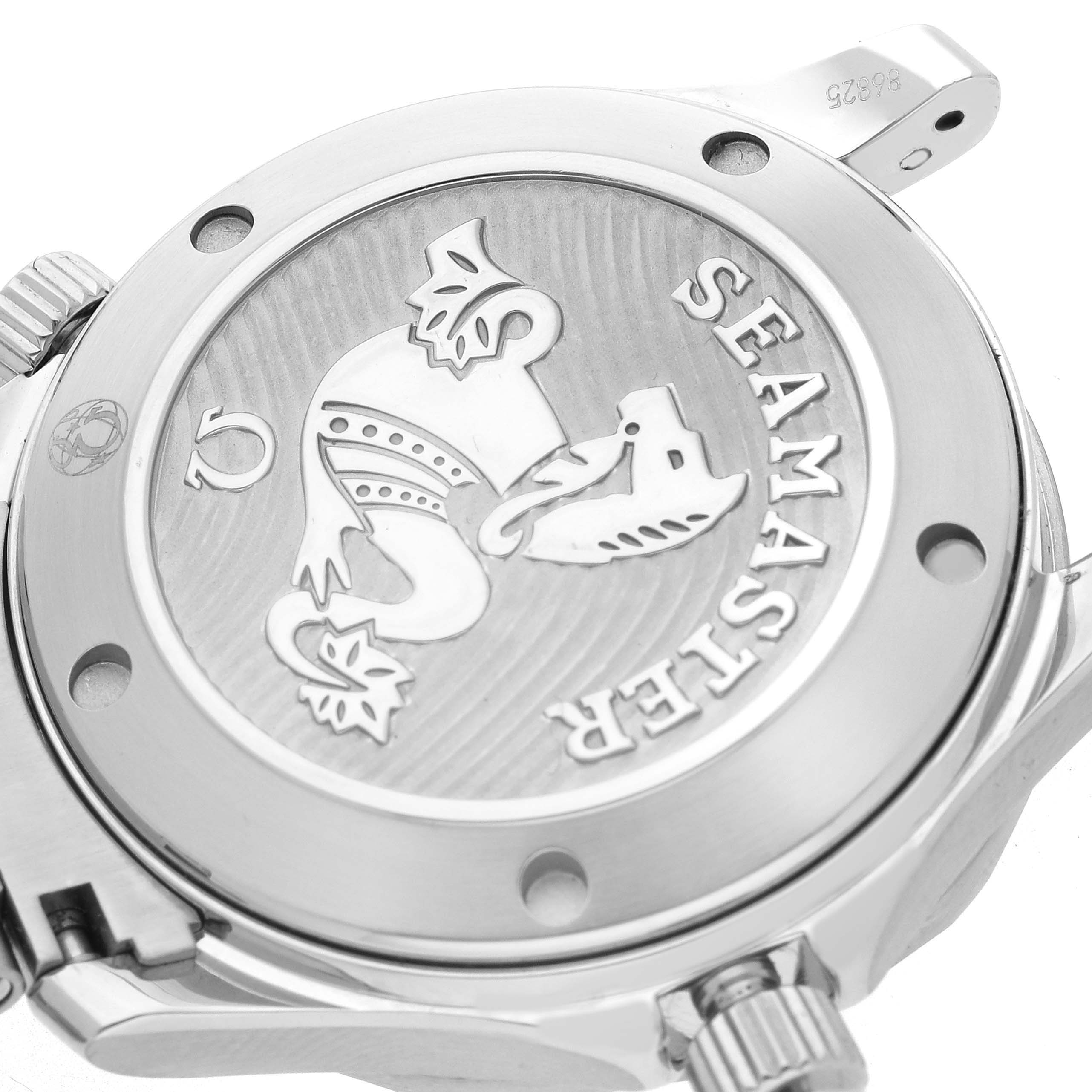 The image shows the engraved case back of the Omega Seamaster 212.30.36.20.01.002 Men
s Stainless Steel Black Dial 212.30.36.20.01.002 Men
s Stainless Steel Black Dial watch at an angled view, highlighting its logo and detailing.