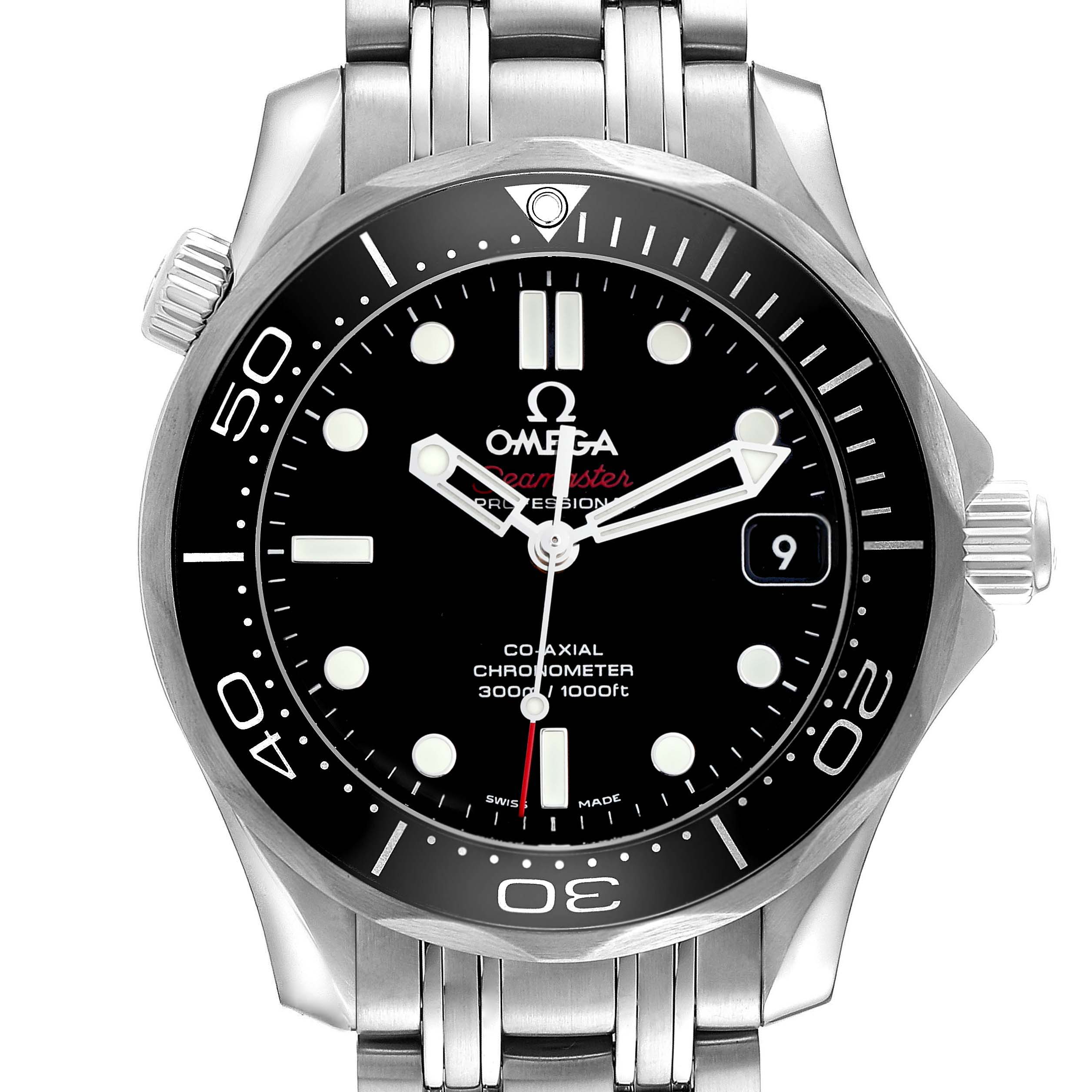 The Omega Seamaster 212.30.36.20.01.002 Men
s Stainless Steel Black Dial 212.30.36.20.01.002 Men
s Stainless Steel Black Dial watch is shown from the front, displaying the dial, bezel, hands, and part of the bracelet.