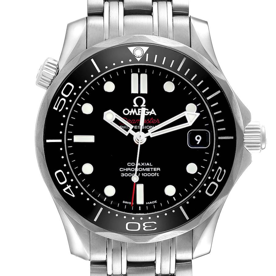 The Omega Seamaster watch is shown from the front, displaying the dial, bezel, hands, and part of the bracelet.