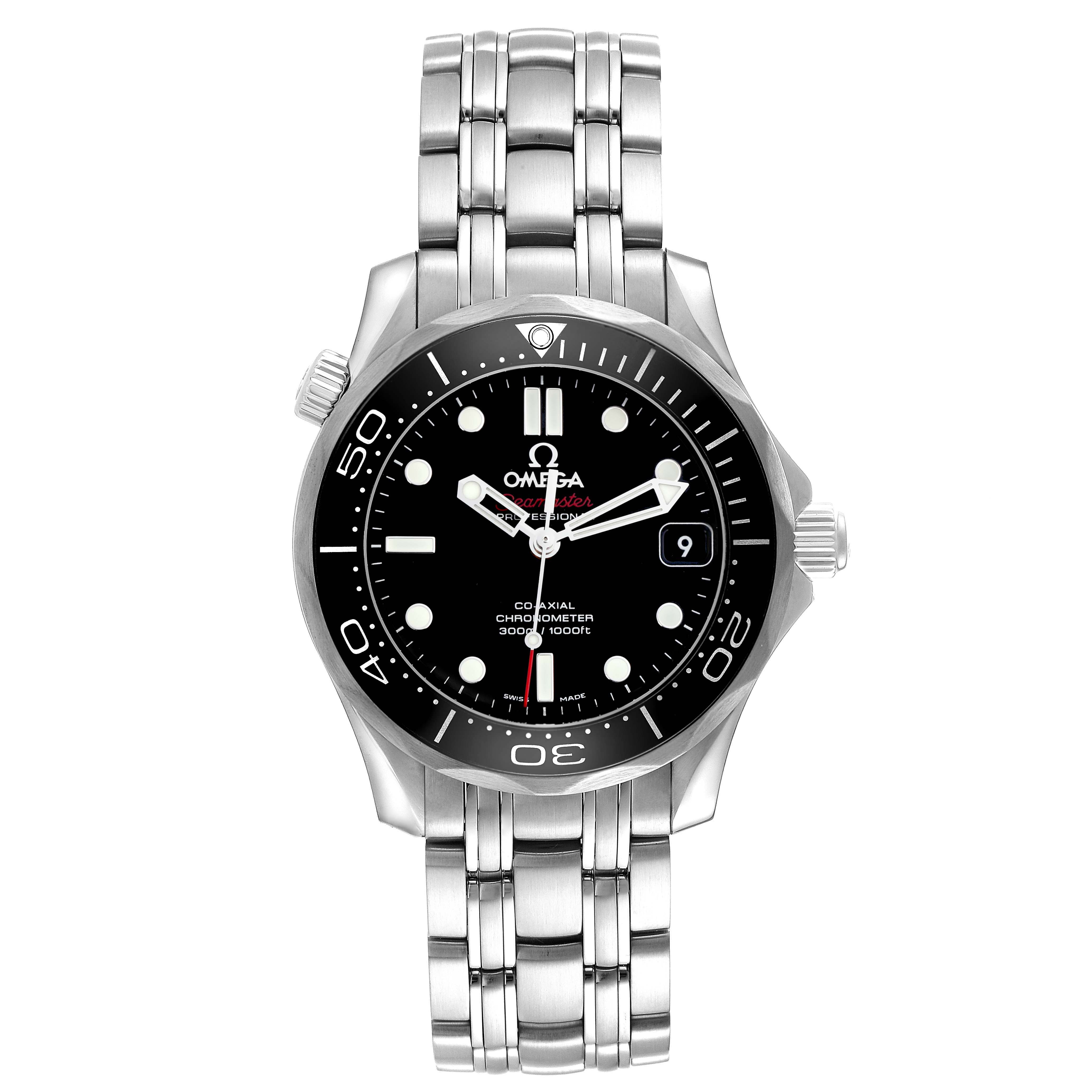 The Omega Seamaster 212.30.36.20.01.002 Men
s Stainless Steel Black Dial 212.30.36.20.01.002 Men
s Stainless Steel Black Dial watch is shown from a top-down angle, featuring its face, bezel, and bracelet.
