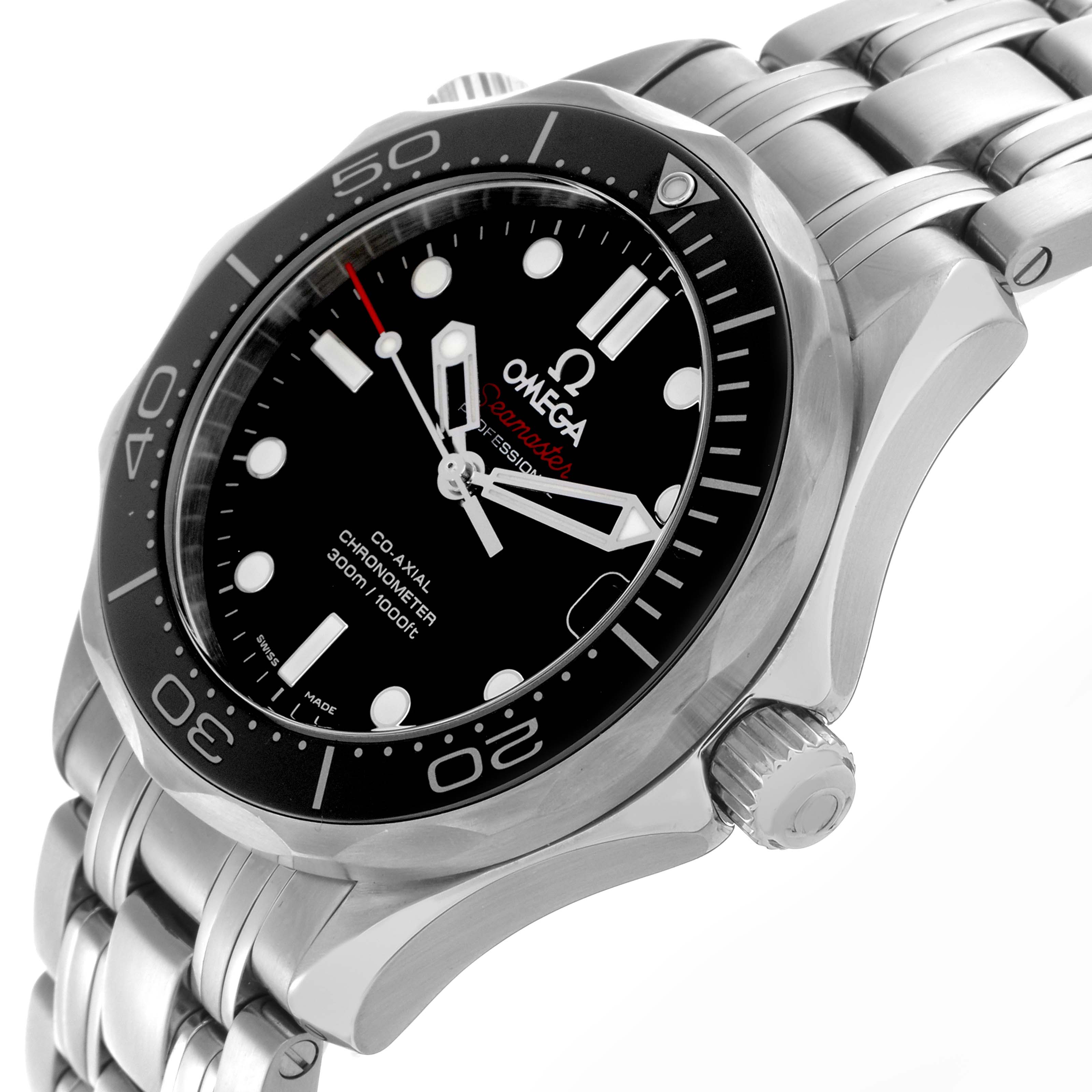 The Omega Seamaster 212.30.36.20.01.002 Men
s Stainless Steel Black Dial 212.30.36.20.01.002 Men
s Stainless Steel Black Dial watch is shown at an angled side view, highlighting the dial, bezel, and bracelet.