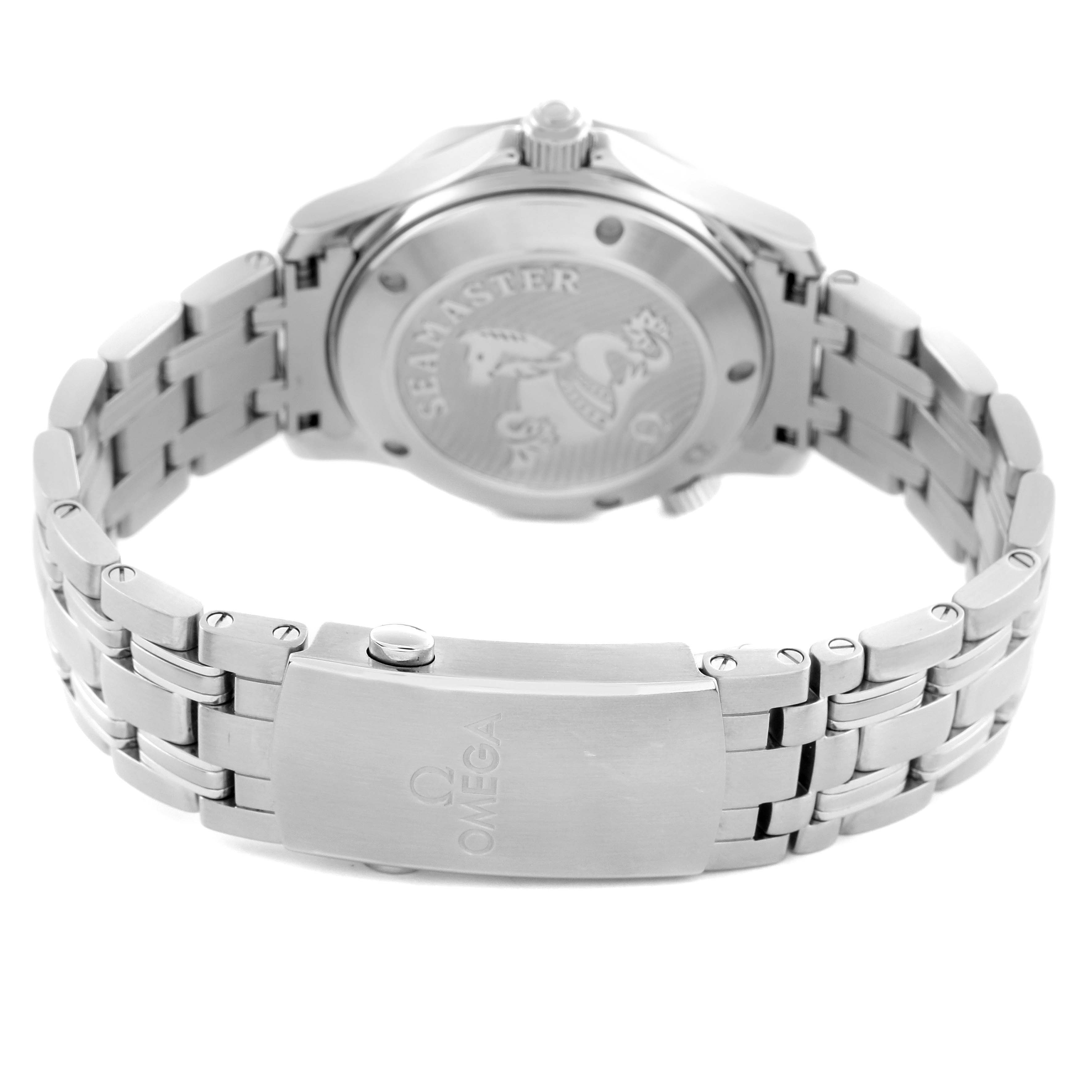 The Omega Seamaster 212.30.36.20.01.002 Men
s Stainless Steel Black Dial 212.30.36.20.01.002 Men
s Stainless Steel Black Dial watch is shown from the back, highlighting the case back and metal bracelet with clasp.