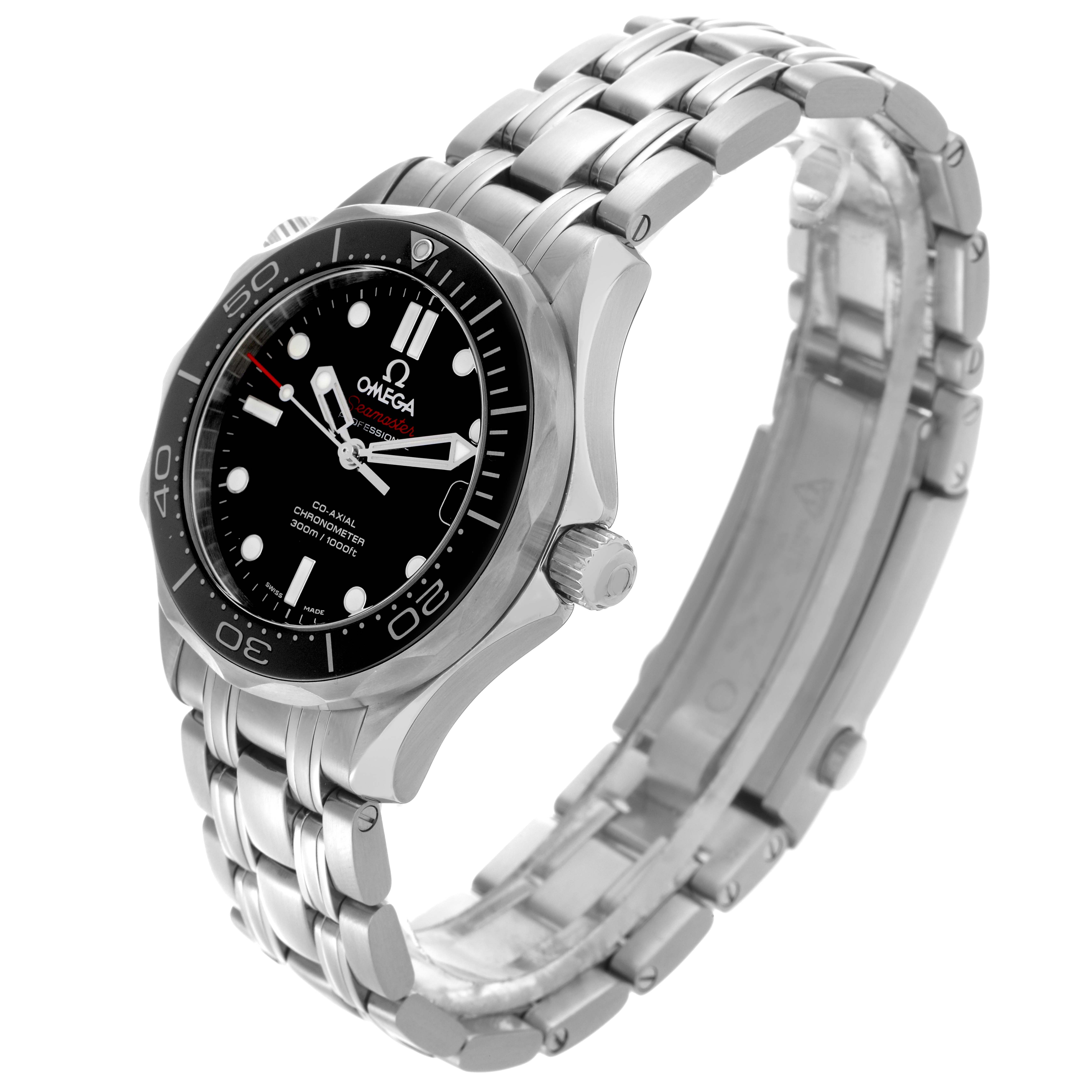 The Omega Seamaster 212.30.36.20.01.002 Men
s Stainless Steel Black Dial 212.30.36.20.01.002 Men
s Stainless Steel Black Dial watch is shown from a three-quarter angle, highlighting the face, bezel, crown, and stainless steel bracelet.