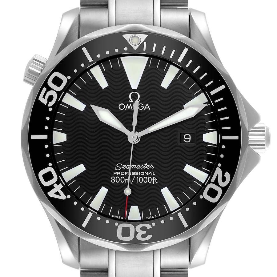 The Omega Seamaster is shown from a front angle, displaying the dial, bezel, and part of the bracelet.