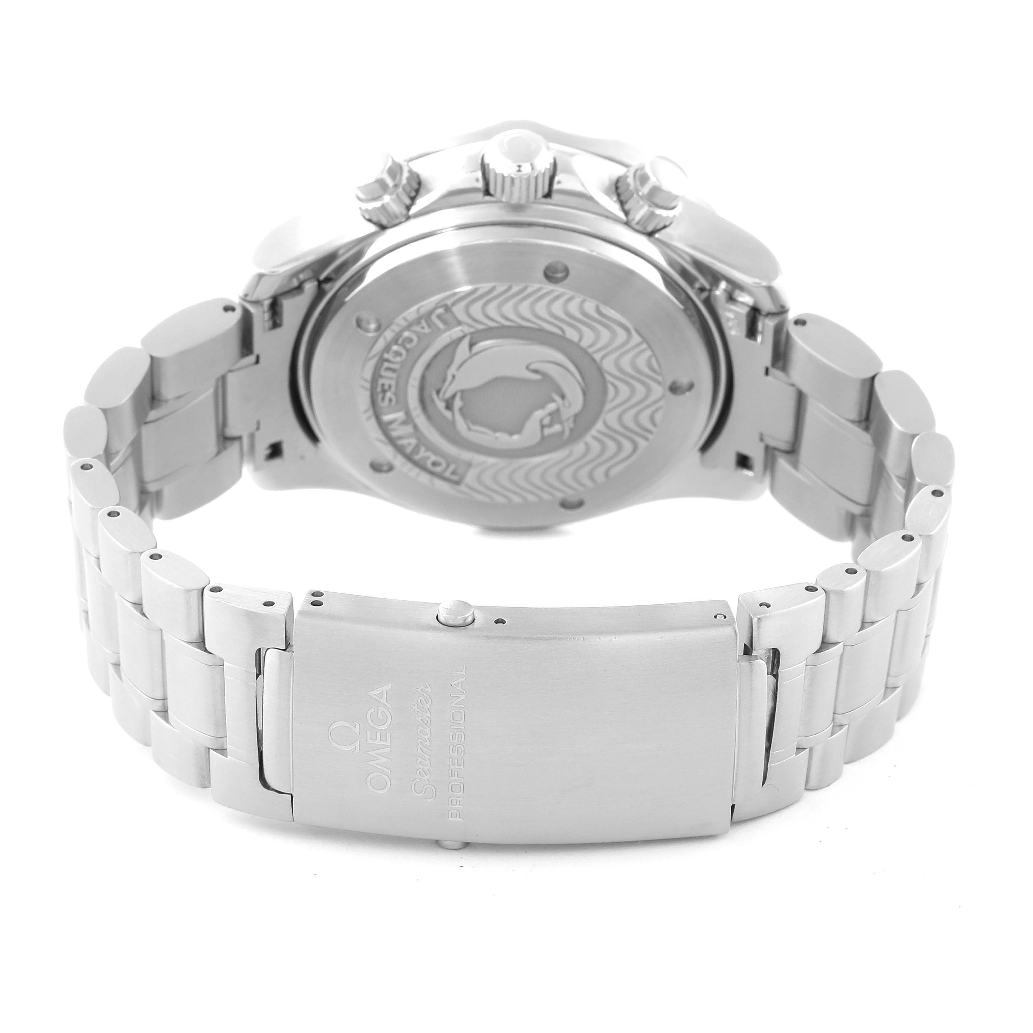 The image shows the back view of an Omega Seamaster 2595.30.00 Men
s Stainless Steel Silver Dial 2595.30.00 Men
s Stainless Steel Silver Dial watch, including the bracelet, clasp, and case back.