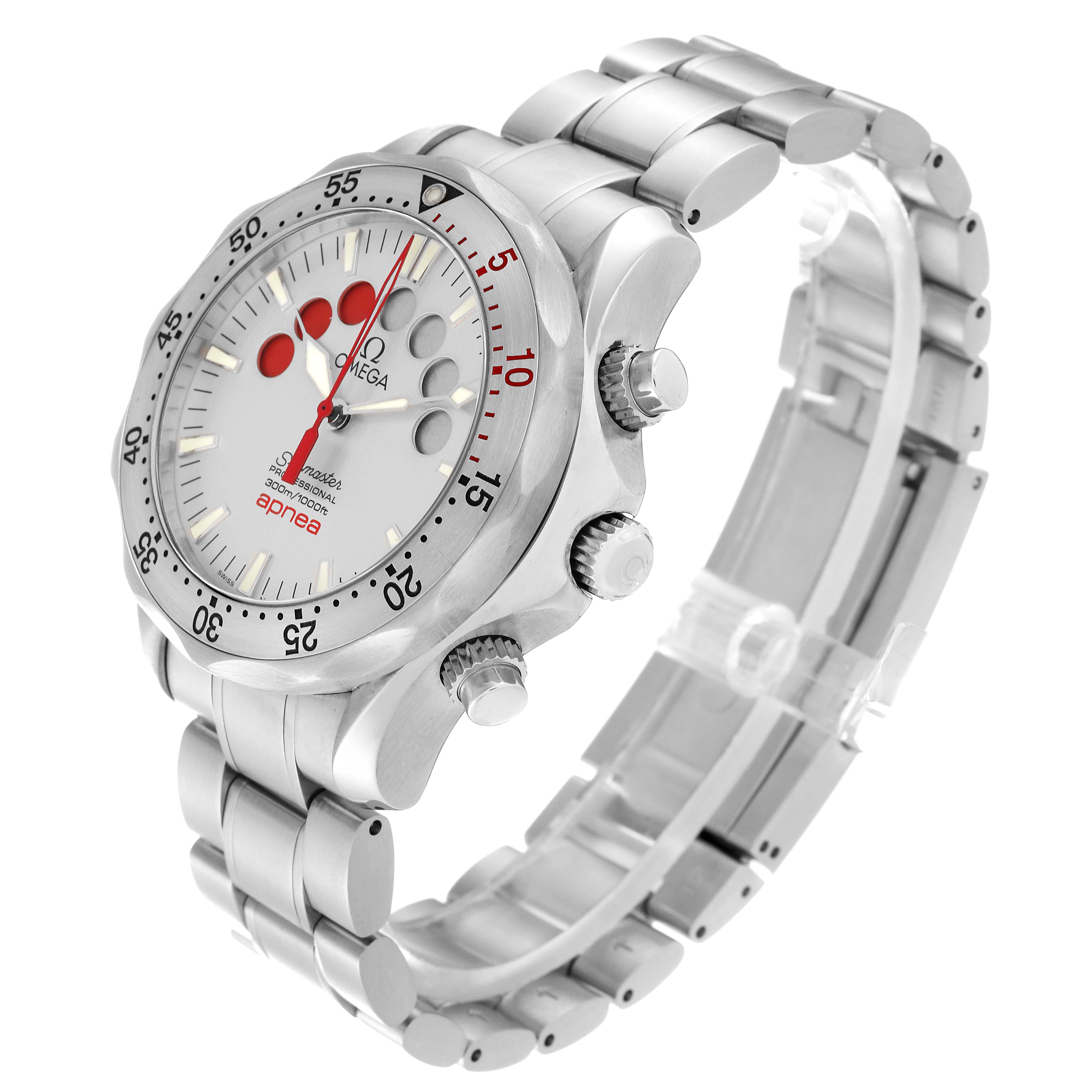 The image shows an Omega Seamaster 2595.30.00 Men
s Stainless Steel Silver Dial 2595.30.00 Men
s Stainless Steel Silver Dial watch at a three-quarter angle, displaying its face, bracelet, and side crowns.