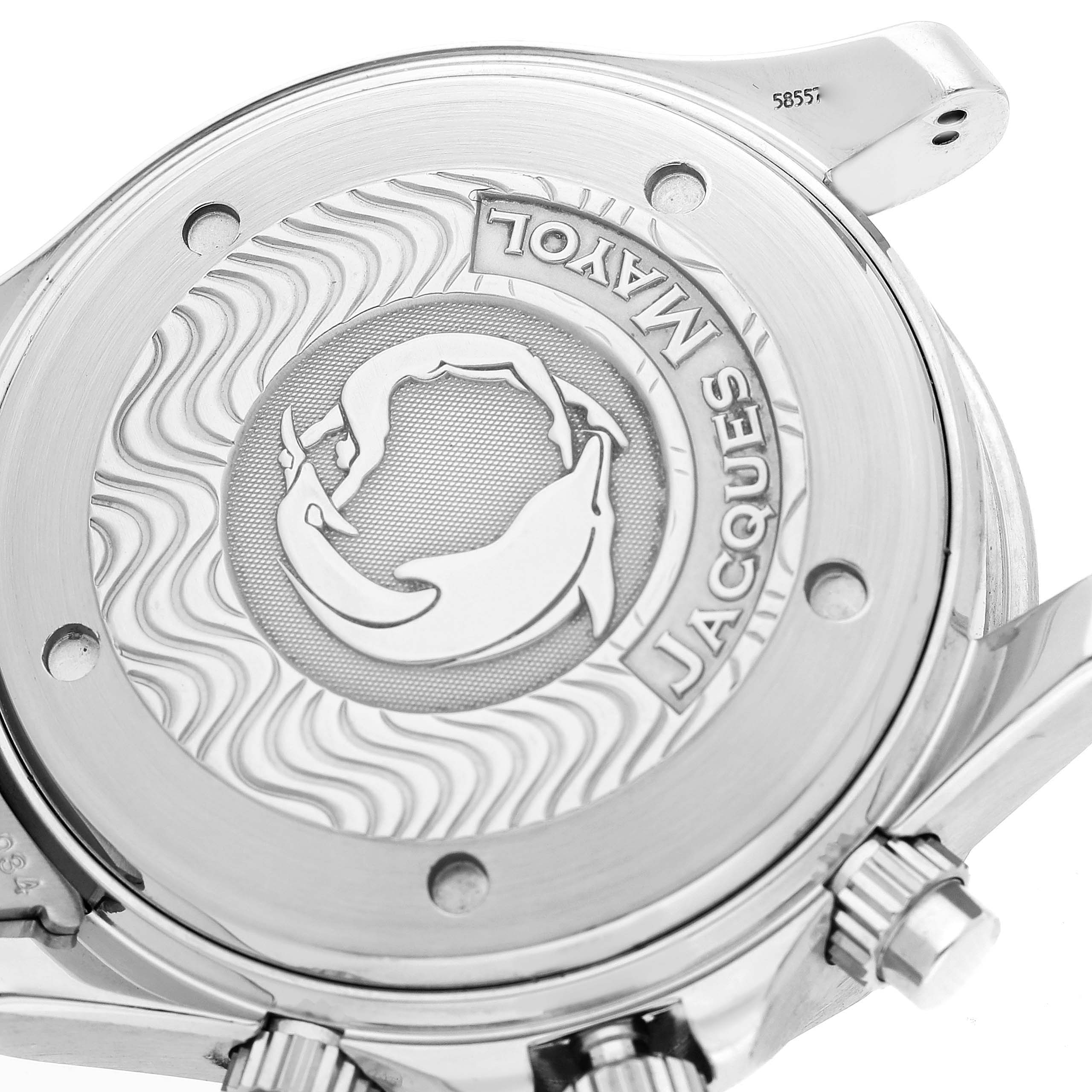 The image shows the case back and crown of an Omega Seamaster 2595.30.00 Men
s Stainless Steel Silver Dial 2595.30.00 Men
s Stainless Steel Silver Dial watch, featuring a Jacques Mayol engraving.