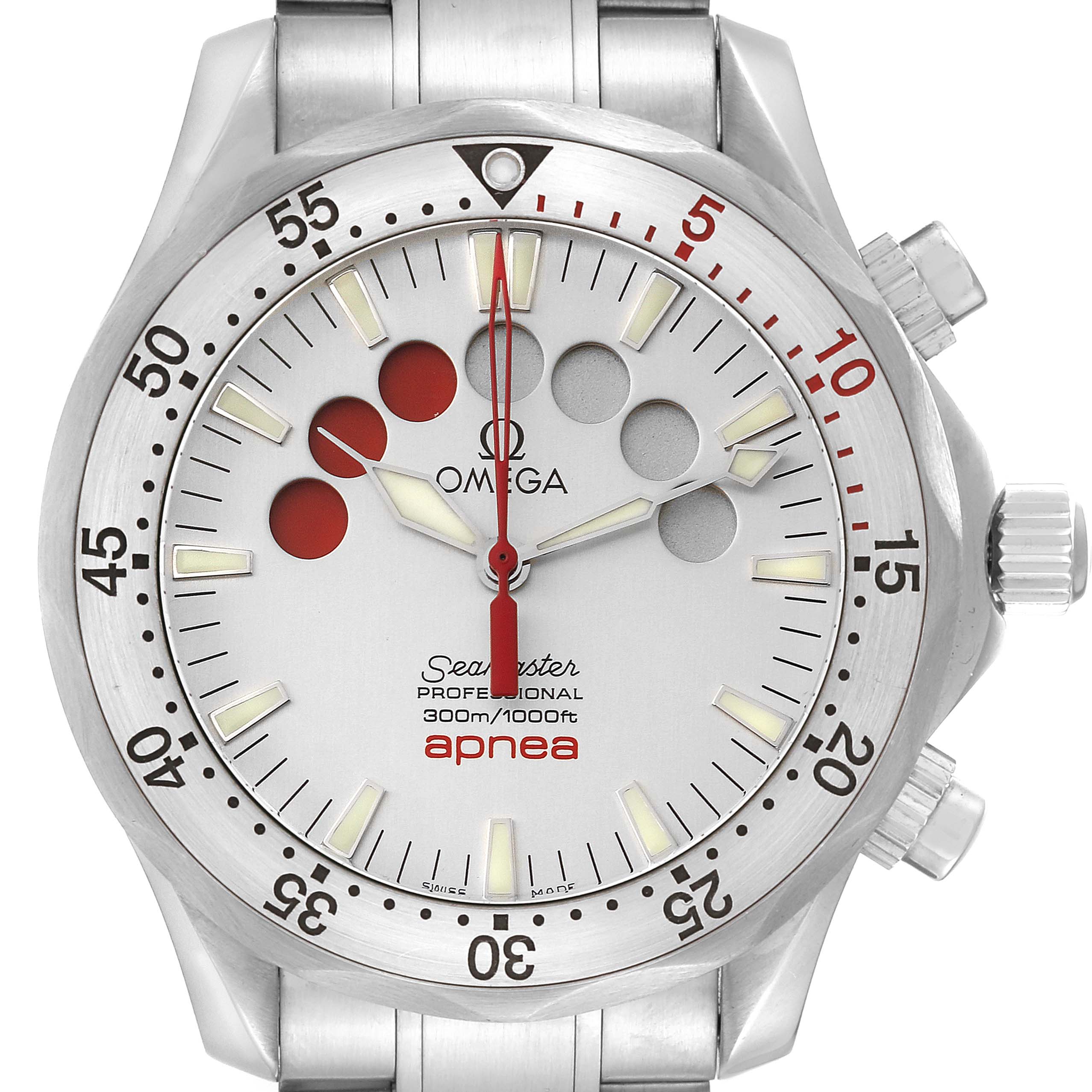 The image shows a front view of an Omega Seamaster 2595.30.00 Men
s Stainless Steel Silver Dial 2595.30.00 Men
s Stainless Steel Silver Dial watch, featuring its bezel, dial, and pushers.
