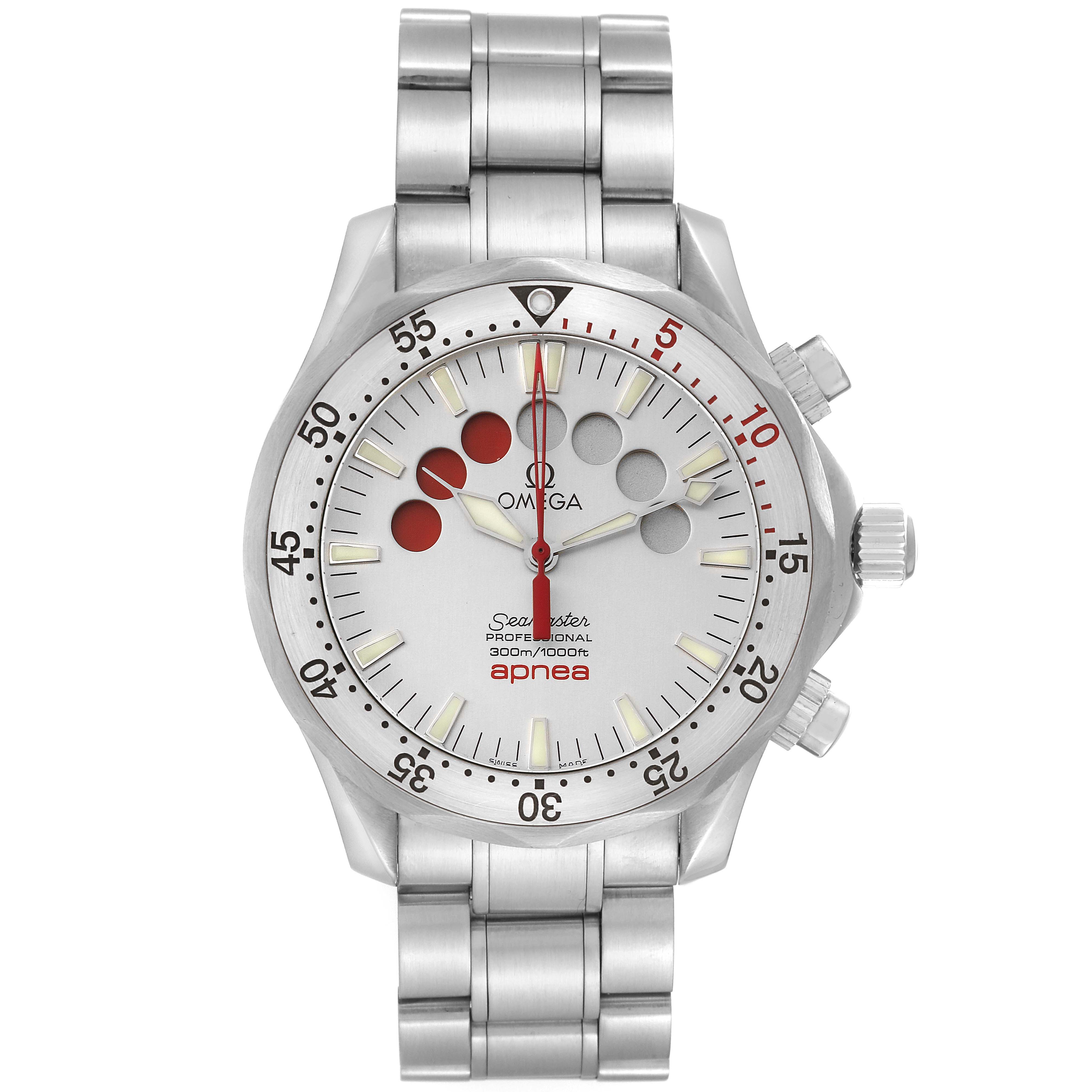 The image shows a front view of the Omega Seamaster 2595.30.00 Men
s Stainless Steel Silver Dial 2595.30.00 Men
s Stainless Steel Silver Dial professional 300m Apnea watch, highlighting the bezel, dial, and metal bracelet.