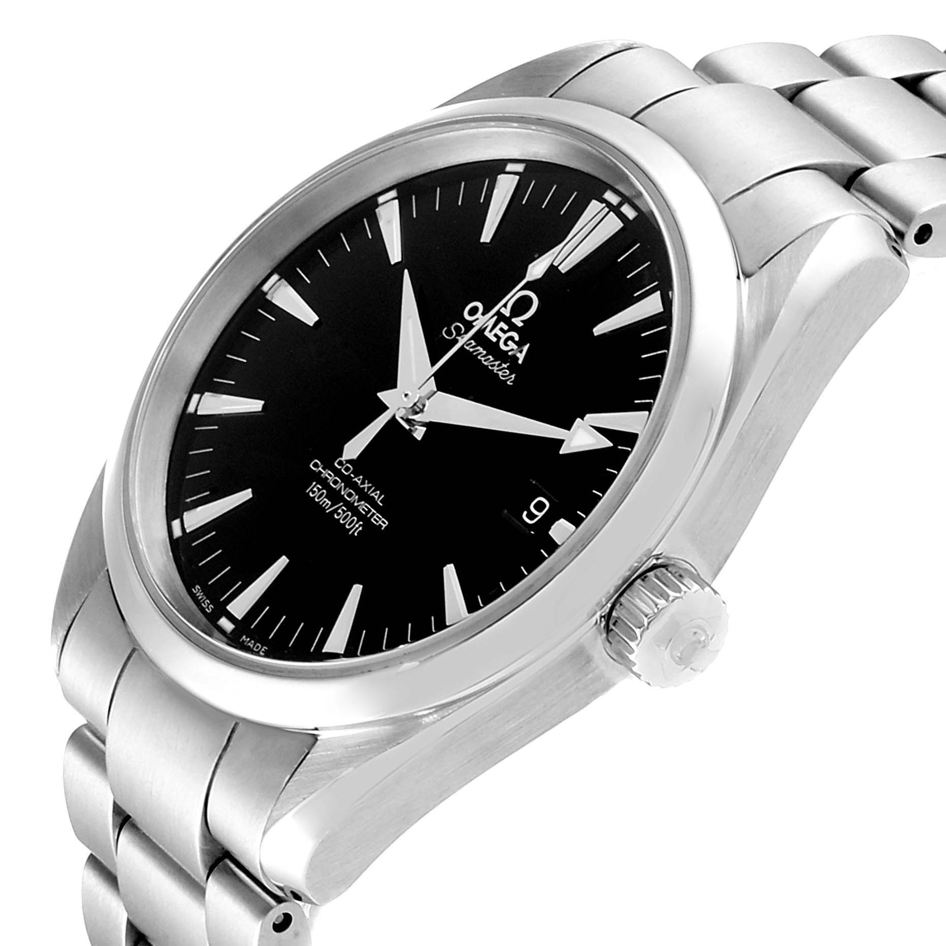 The image shows an Omega Aqua Terra 2503.50.00 Men
s Stainless Steel Black Dial 2503.50.00 Men
s Stainless Steel Black Dial watch at an angle highlighting the dial, crown, and part of the bracelet.