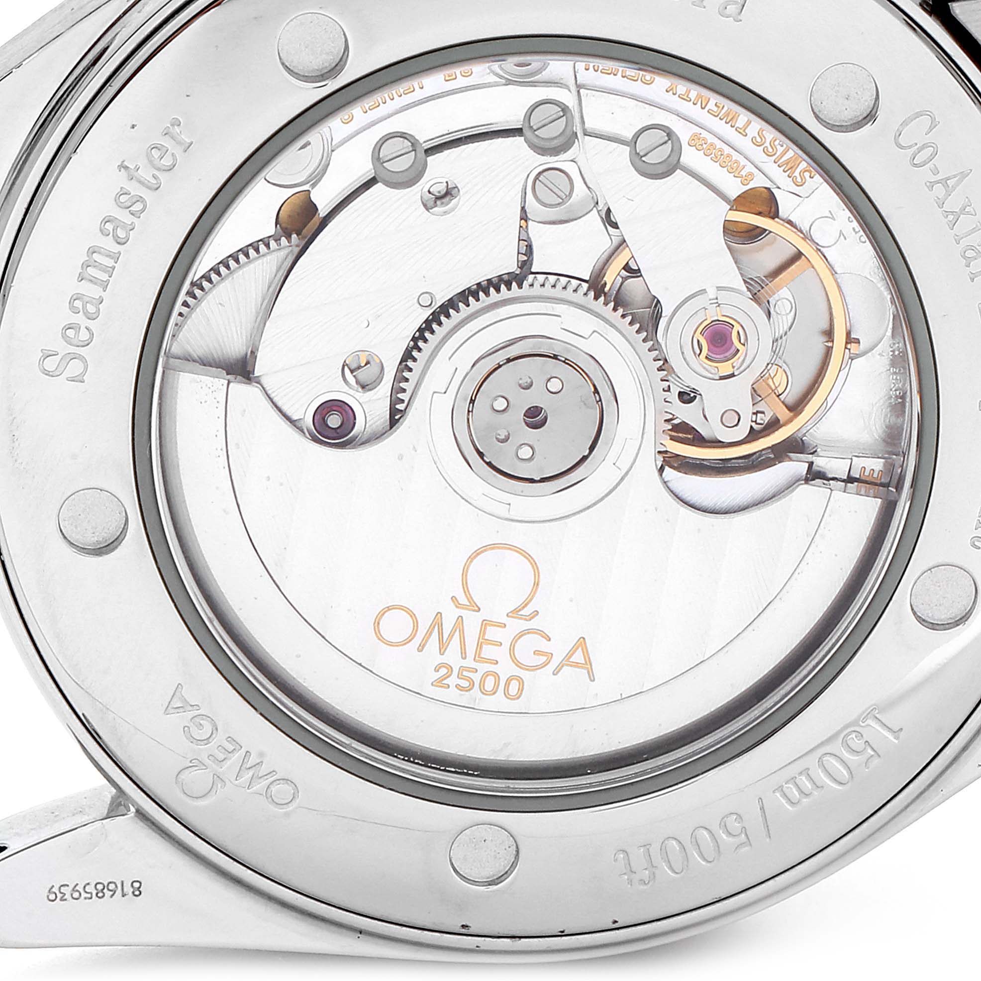 The image shows the back case and internal mechanism of an Omega Aqua Terra 2503.50.00 Men
s Stainless Steel Black Dial 2503.50.00 Men
s Stainless Steel Black Dial Seamaster watch, focusing on the Co-Axial movement.
