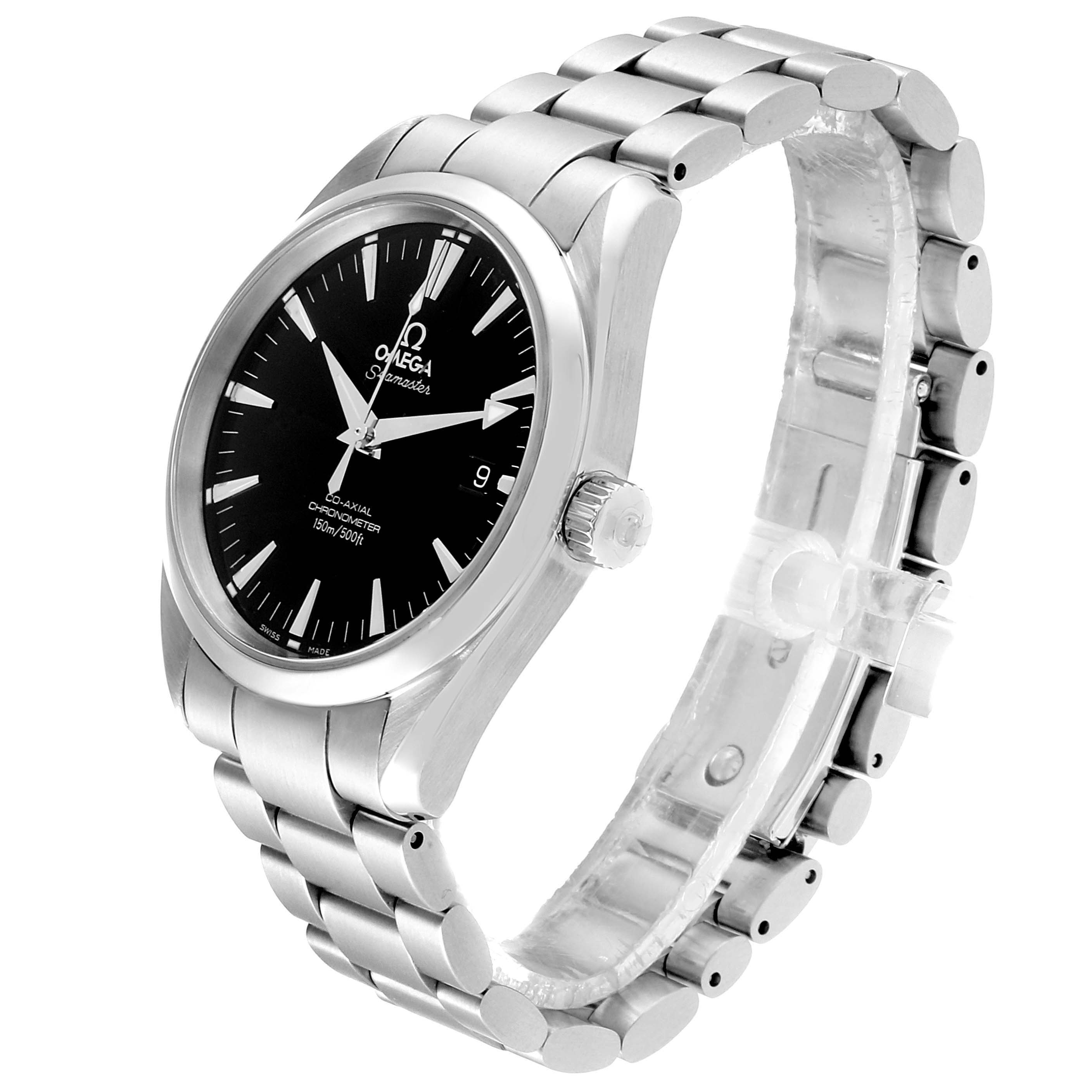The image shows the side and face of the Omega Aqua Terra 2503.50.00 Men
s Stainless Steel Black Dial 2503.50.00 Men
s Stainless Steel Black Dial watch, displaying its bracelet, bezel, crown, and dial.