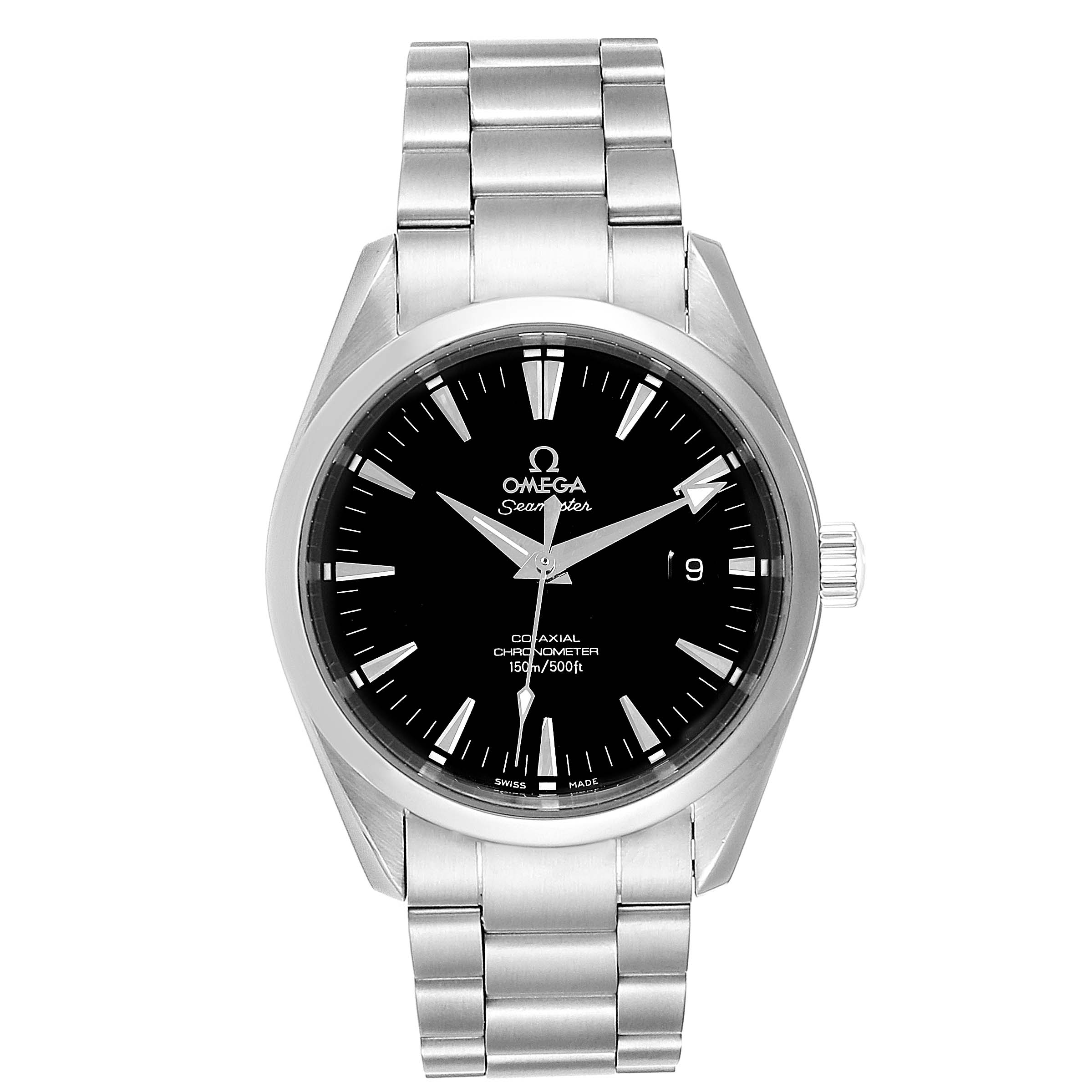 The image shows a frontal view of an Omega Aqua Terra 2503.50.00 Men
s Stainless Steel Black Dial 2503.50.00 Men
s Stainless Steel Black Dial watch, displaying its black dial, stainless steel bracelet, and date window.