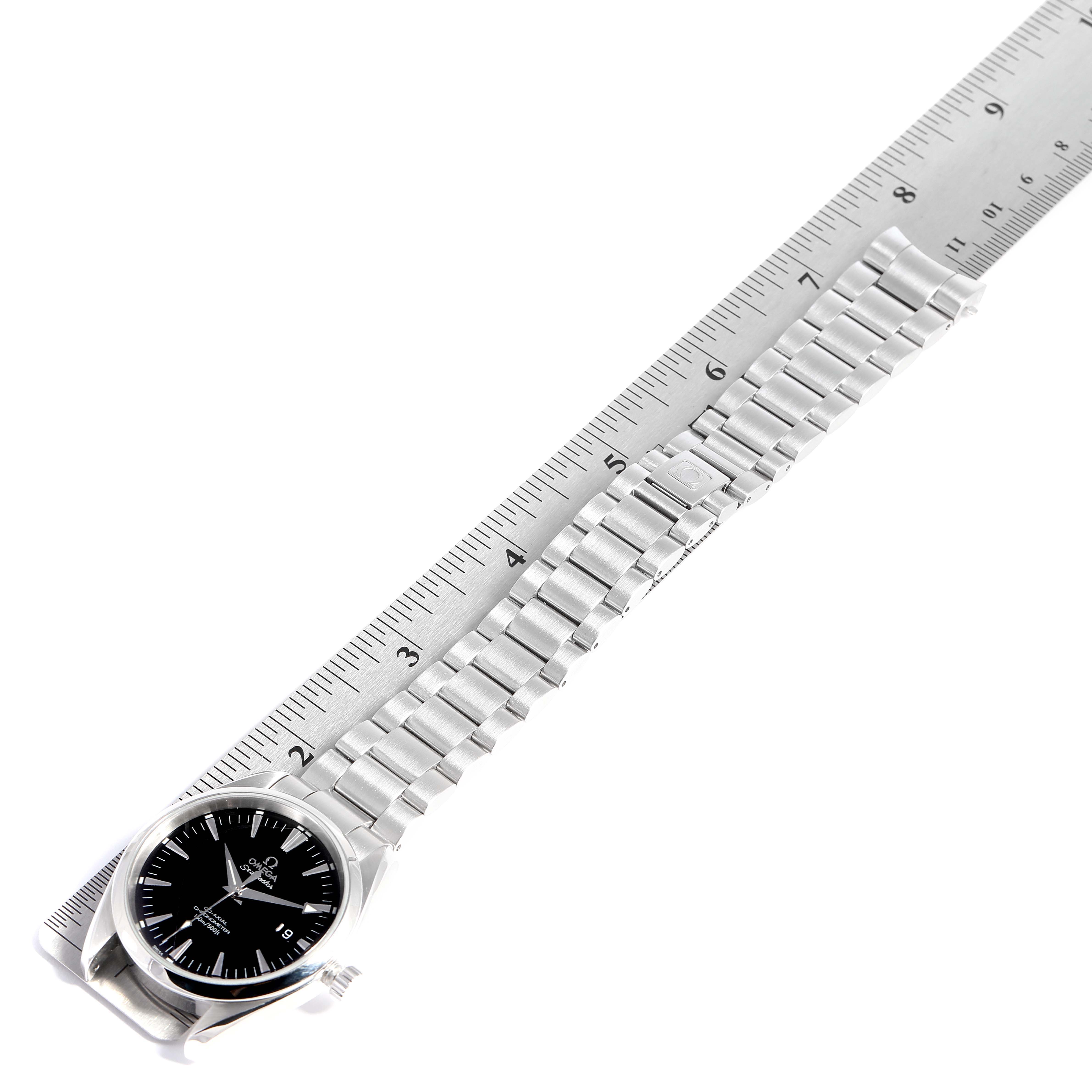 The Omega Aqua Terra 2503.50.00 Men
s Stainless Steel Black Dial 2503.50.00 Men
s Stainless Steel Black Dial watch is shown from a top-down angle, displaying the black dial, stainless steel bracelet, and crown.