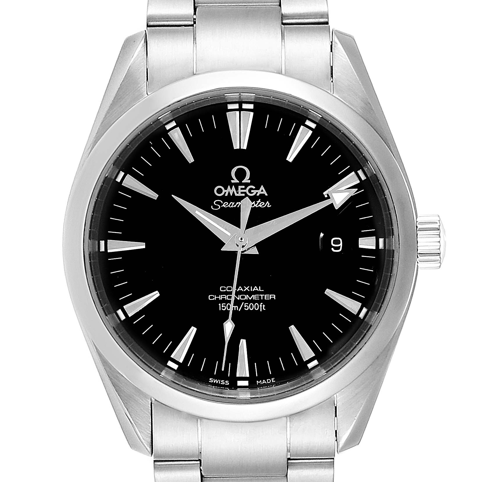 The Omega Seamaster Aqua Terra watch is shown from the front, displaying the face, bezel, and part of the bracelet.
