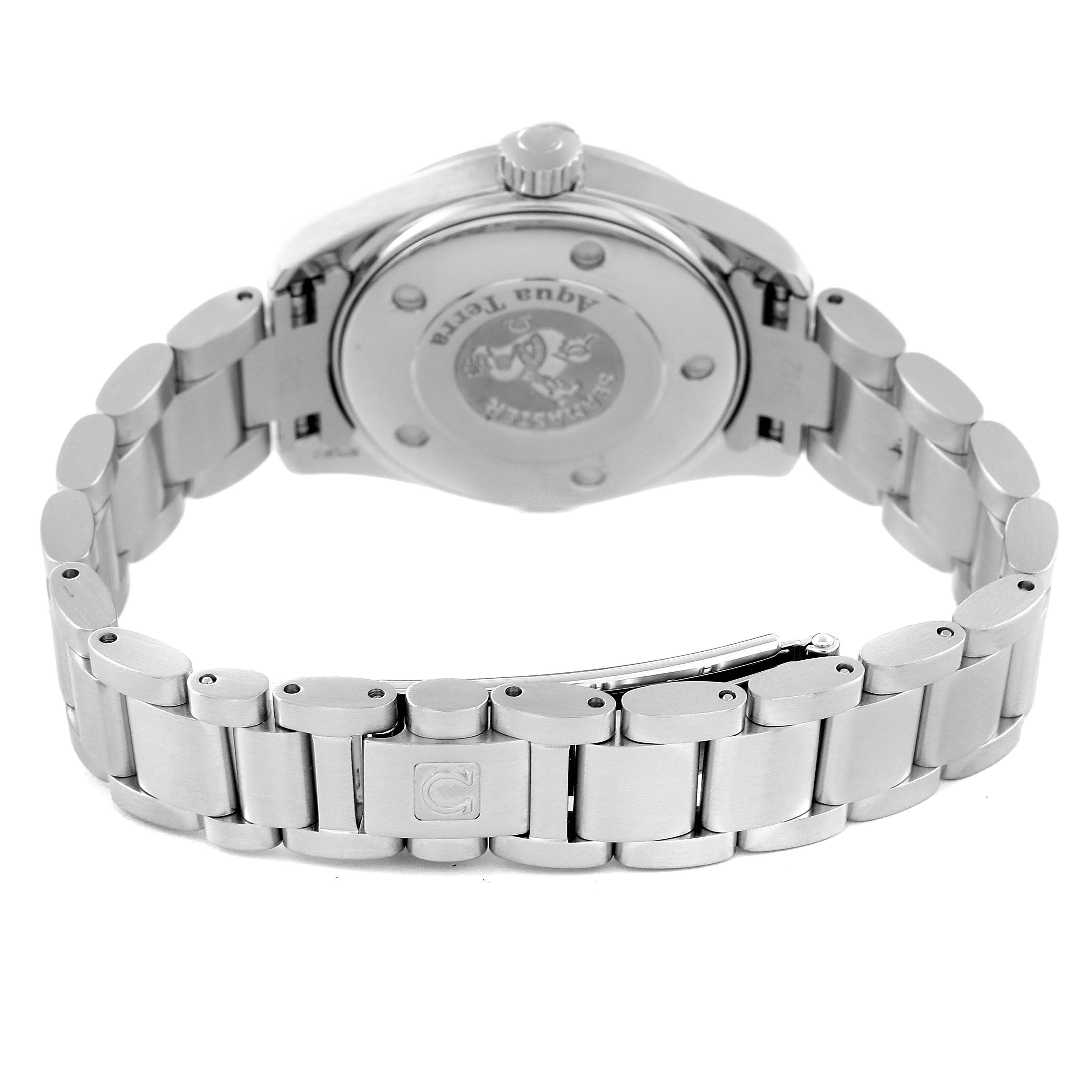 The image shows the back and bracelet of the Omega 2579.75.00 Women's Stainless Steel Mother of Pearl Dial 2579.75.00 Women's Stainless Steel Mother of Pearl Dial Seamaster Aqua Terra Mother of Pearl Diamond Steel Ladies Watch 2579.75.00.