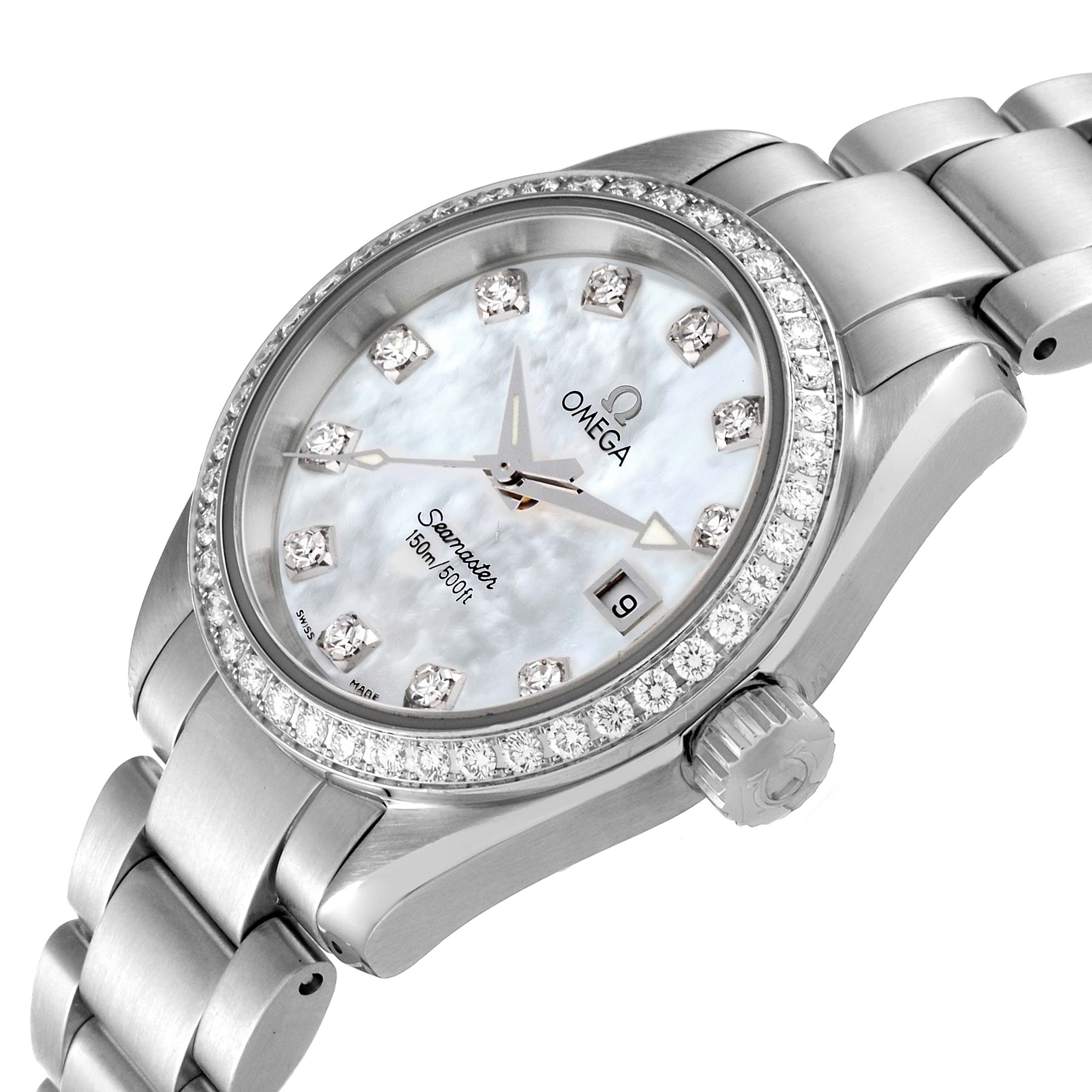 The image shows a close-up angled view of the Omega 2579.75.00 Women's Stainless Steel Mother of Pearl Dial 2579.75.00 Women's Stainless Steel Mother of Pearl Dial Seamaster Aqua Terra Mother of Pearl Diamond Steel Ladies Watch 2579.75.00, displaying its face, bezel, and bracelet.
