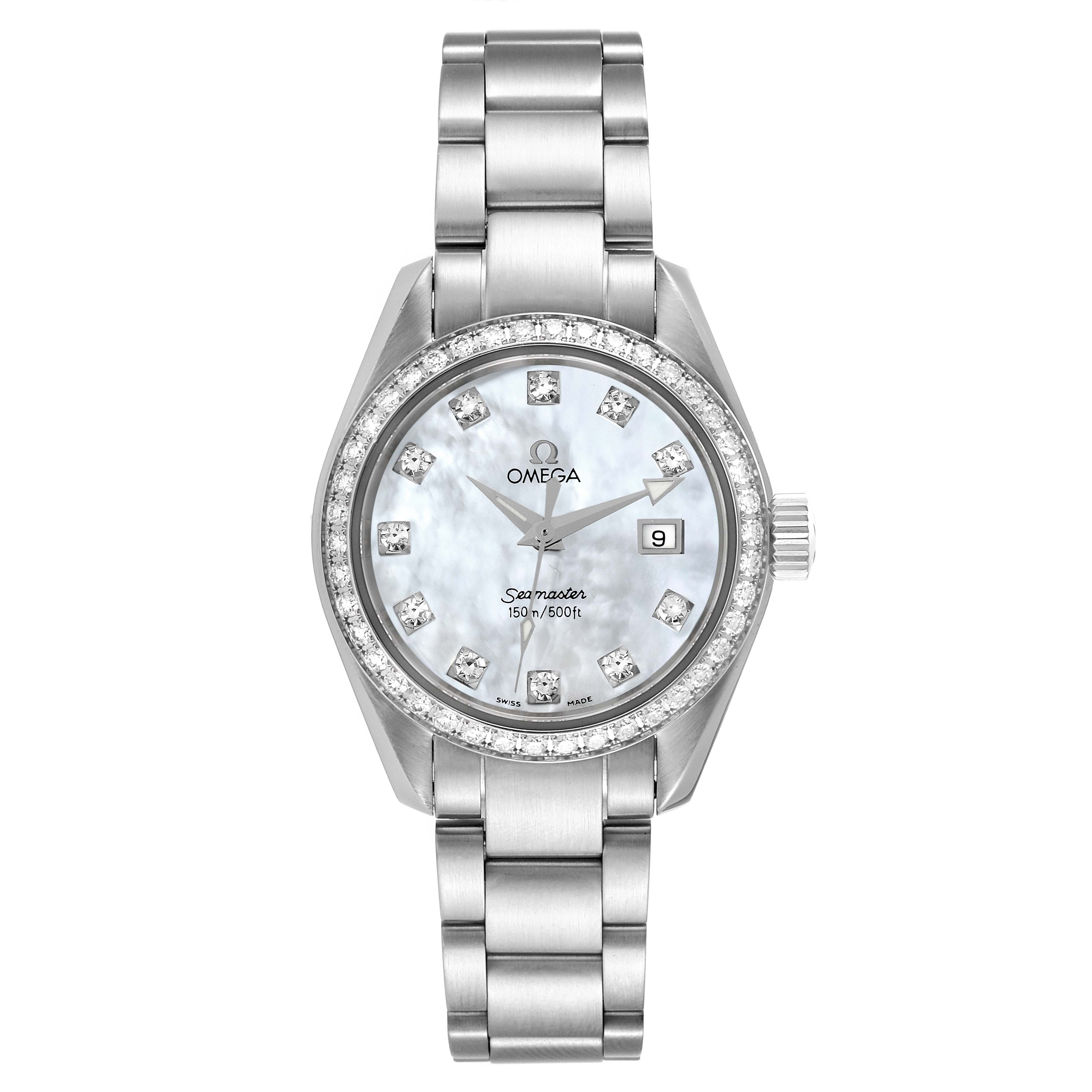 The Omega 2579.75.00 Women's Stainless Steel Mother of Pearl Dial 2579.75.00 Women's Stainless Steel Mother of Pearl Dial Seamaster Aqua Terra Mother of Pearl Diamond Steel Ladies Watch 2579.75.00 is shown from a front angle.