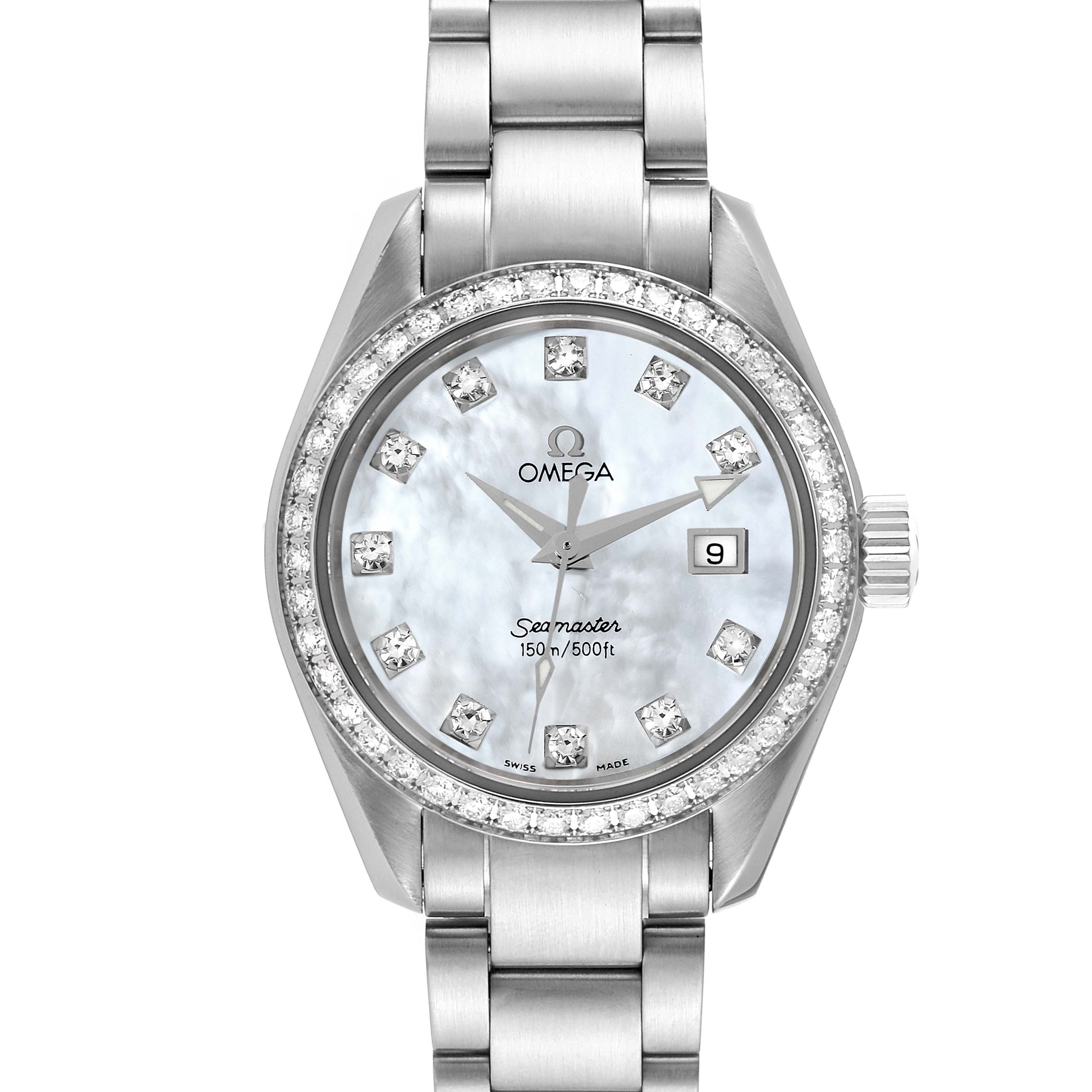 The image shows a front view of the Omega 2579.75.00 Women's Stainless Steel Mother of Pearl Dial 2579.75.00 Women's Stainless Steel Mother of Pearl Dial Seamaster Aqua Terra Mother of Pearl Diamond Steel Ladies Watch 2579.75.00.