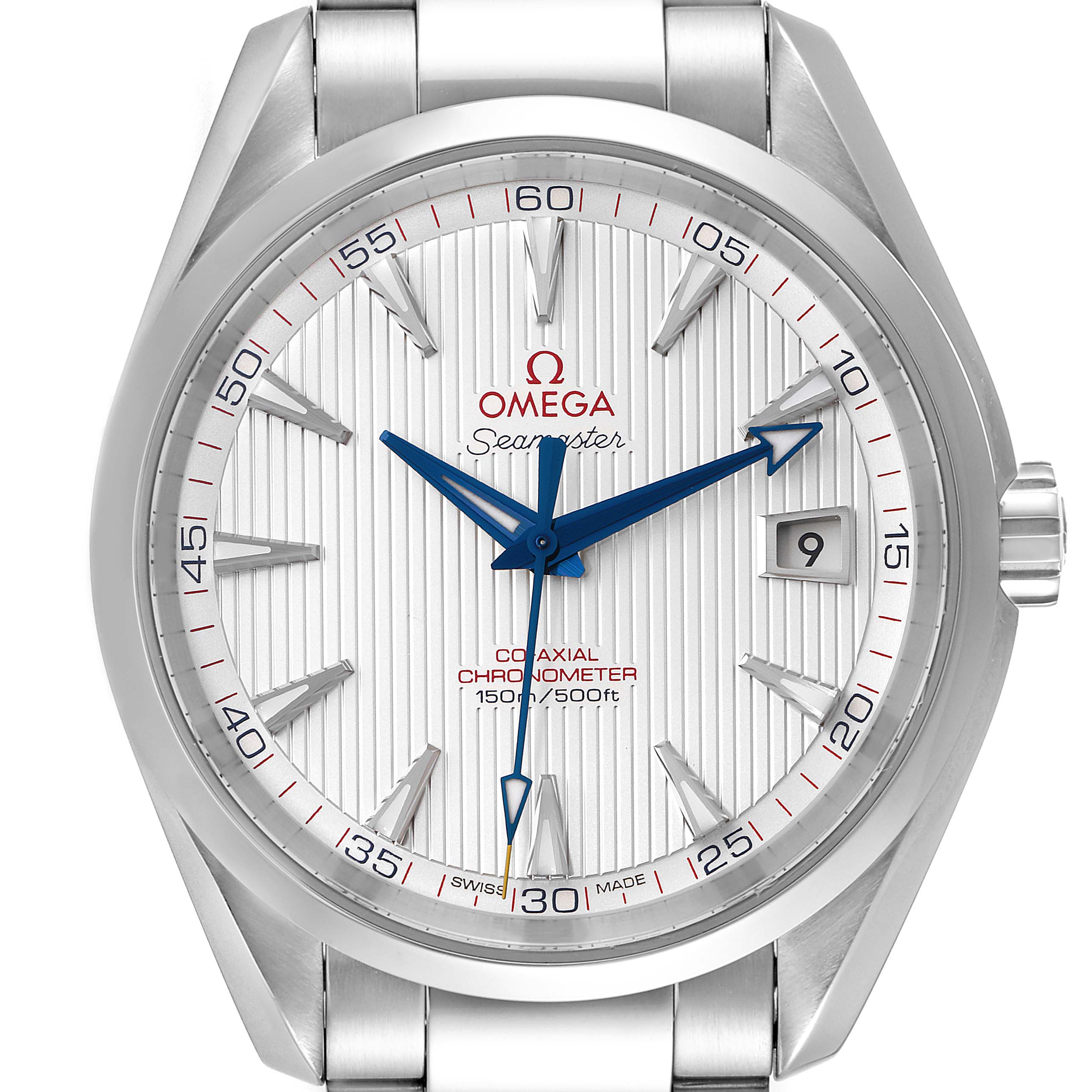 This image shows a close-up, front view of the Omega Aqua Terra 231.10.42.21.02.002 Men
s Stainless Steel Silver Dial 231.10.42.21.02.002 Men
s Stainless Steel Silver Dial watch face and part of the bracelet.