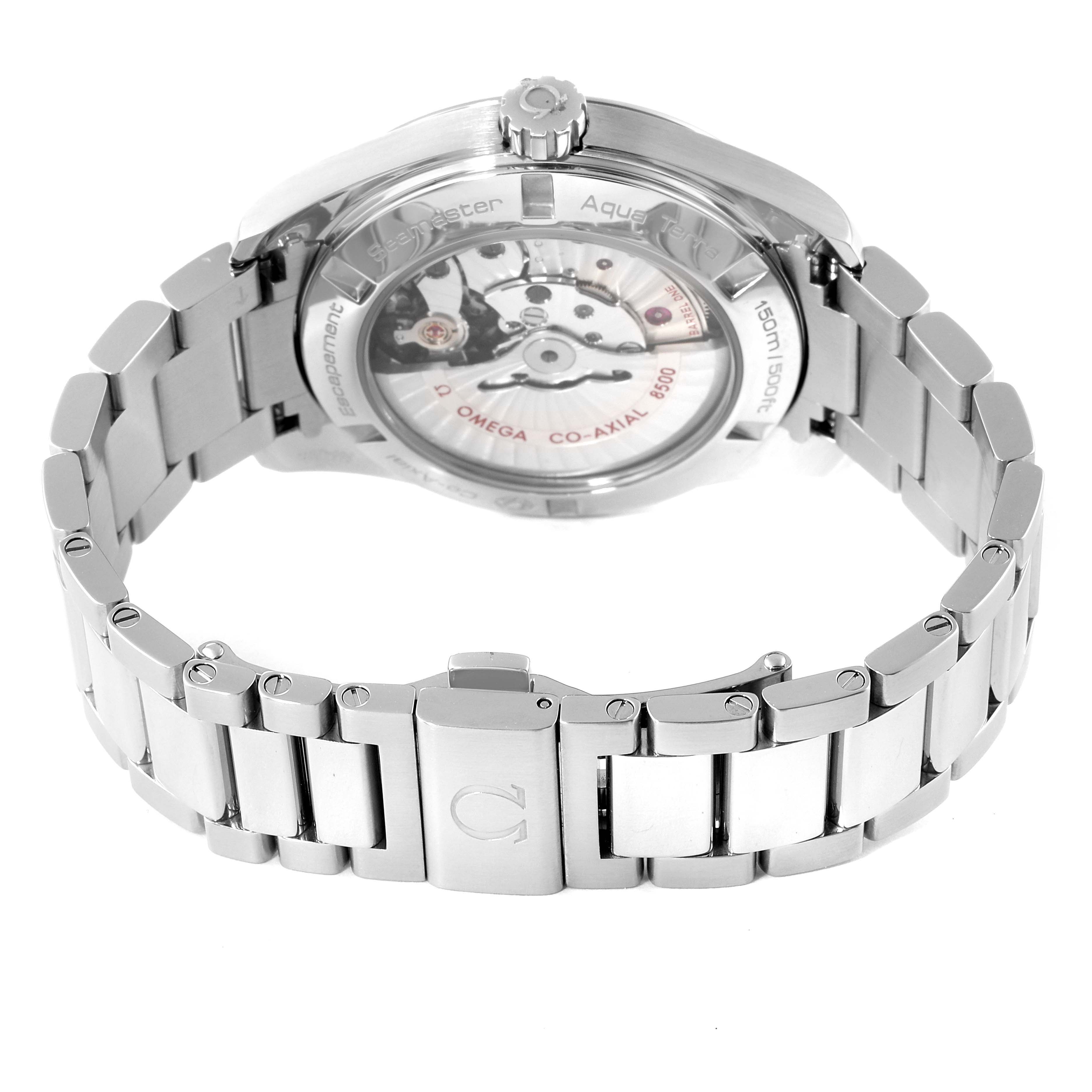 The image shows the back view of the Omega Aqua Terra 231.10.42.21.02.002 Men
s Stainless Steel Silver Dial 231.10.42.21.02.002 Men
s Stainless Steel Silver Dial watch, highlighting its metal bracelet and Co-Axial 8500 movement.