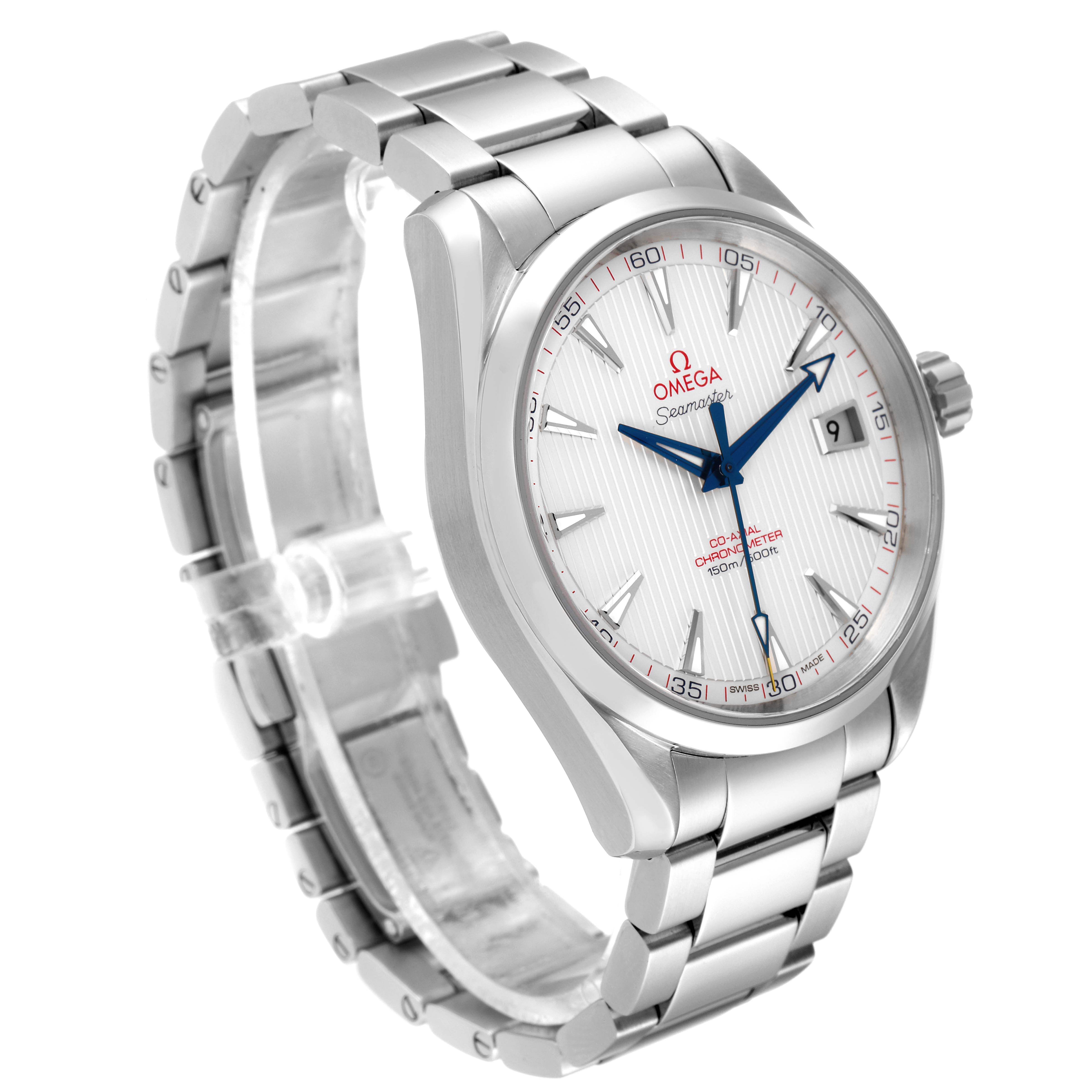 The image shows an angled view of the Omega Aqua Terra 231.10.42.21.02.002 Men
s Stainless Steel Silver Dial 231.10.42.21.02.002 Men
s Stainless Steel Silver Dial watch, displaying the face, crown, and metal bracelet.