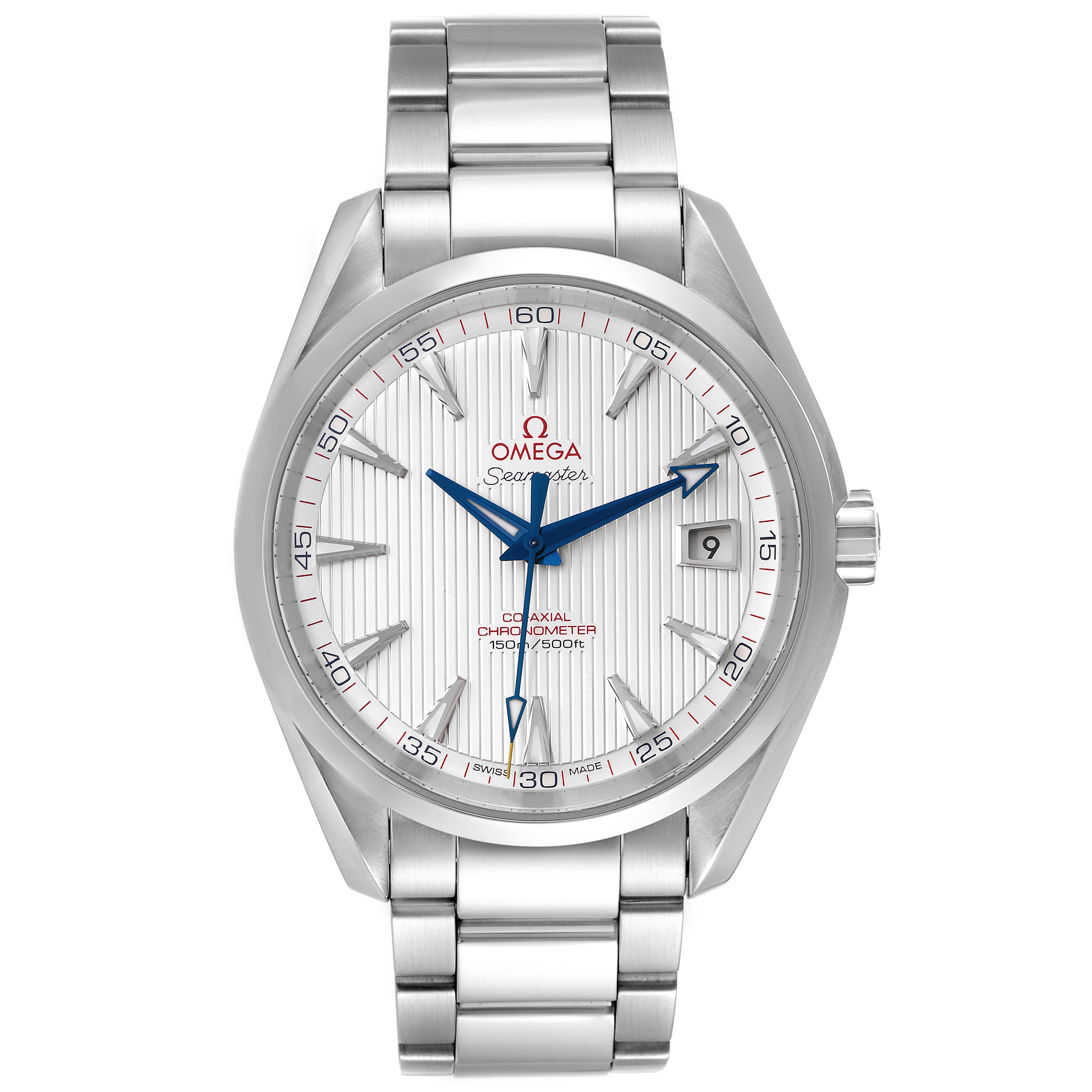 The image shows a front view of the Omega Aqua Terra 231.10.42.21.02.002 Men
s Stainless Steel Silver Dial 231.10.42.21.02.002 Men
s Stainless Steel Silver Dial watch, highlighting the dial, hands, date window, and metal bracelet.