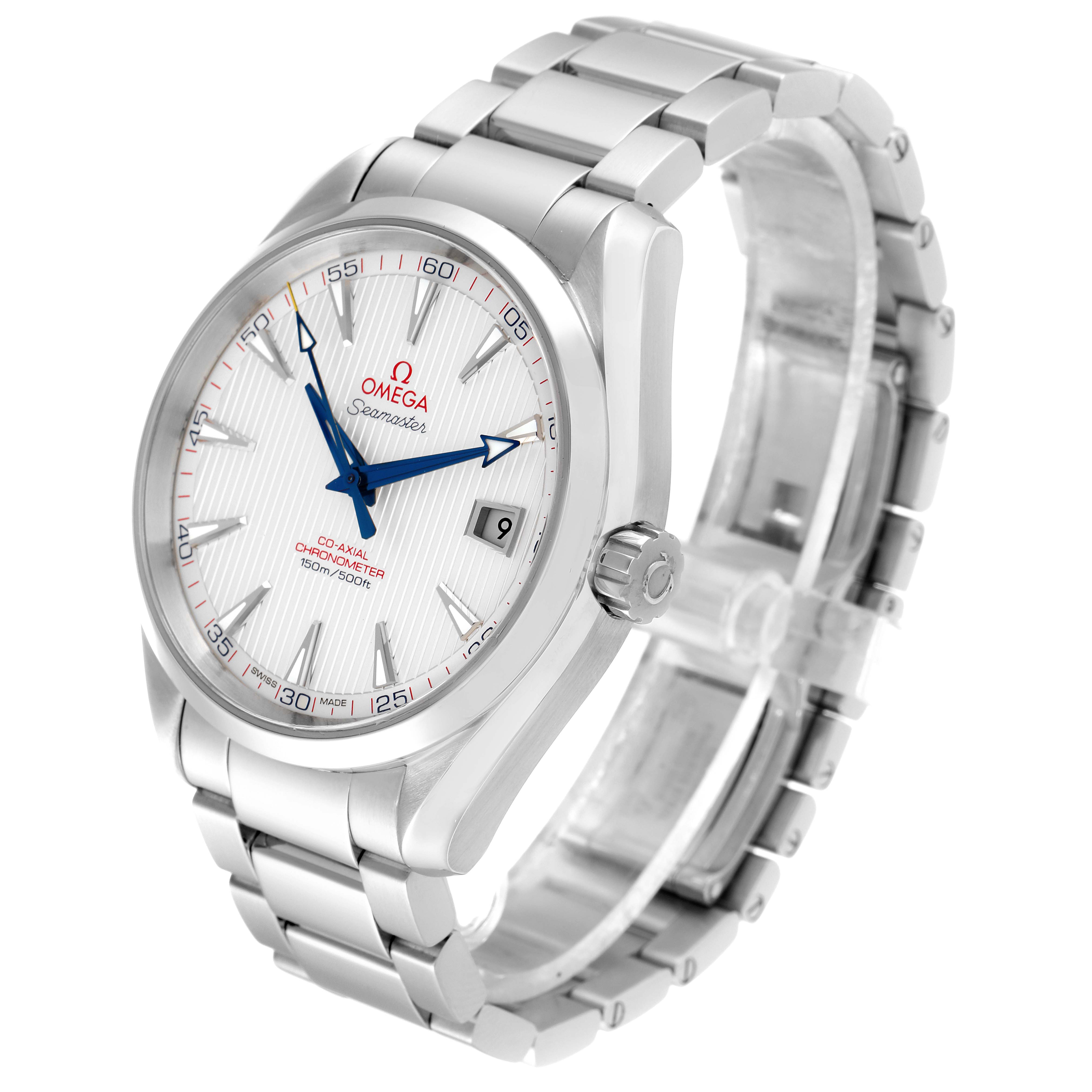 The image shows an Omega Aqua Terra 231.10.42.21.02.002 Men
s Stainless Steel Silver Dial 231.10.42.21.02.002 Men
s Stainless Steel Silver Dial watch at a three-quarter angle, highlighting the face, bezel, crown, and bracelet.