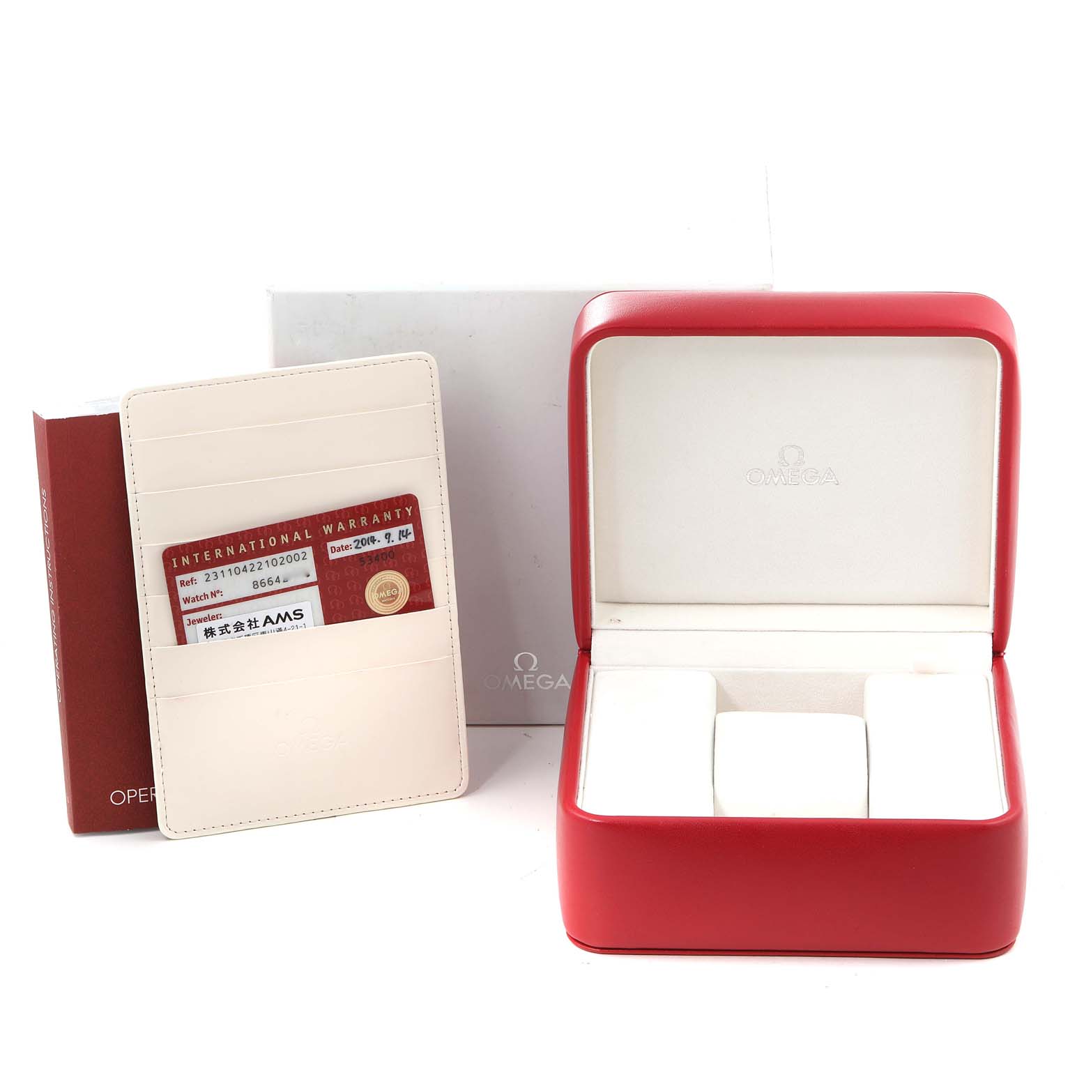 The image shows an Omega watch box for the Aqua Terra model, along with an international warranty card and an instruction booklet.