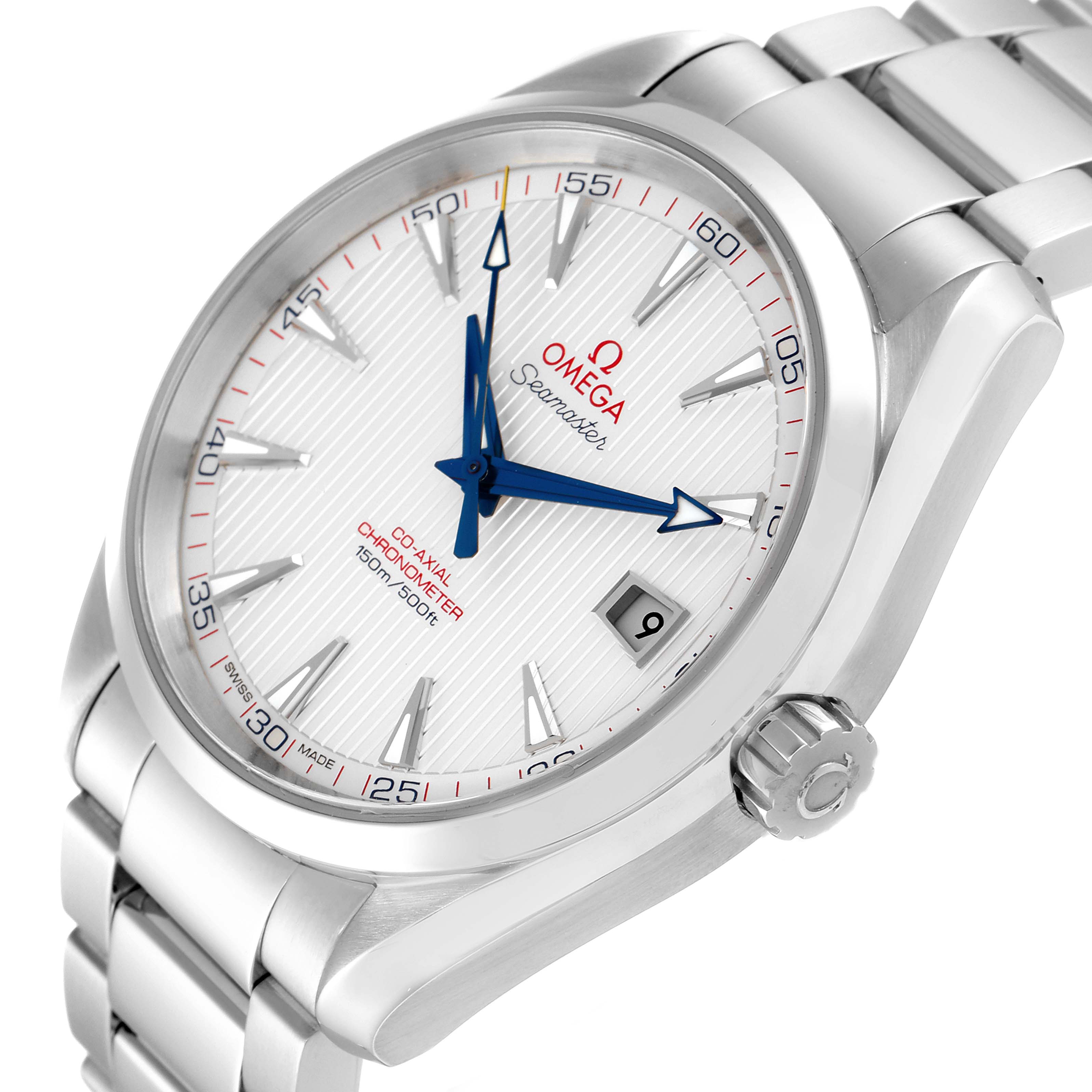 This image shows an Omega Seamaster Aqua Terra watch at a slight angle, highlighting the dial, bezel, bracelet, date window, and crown.