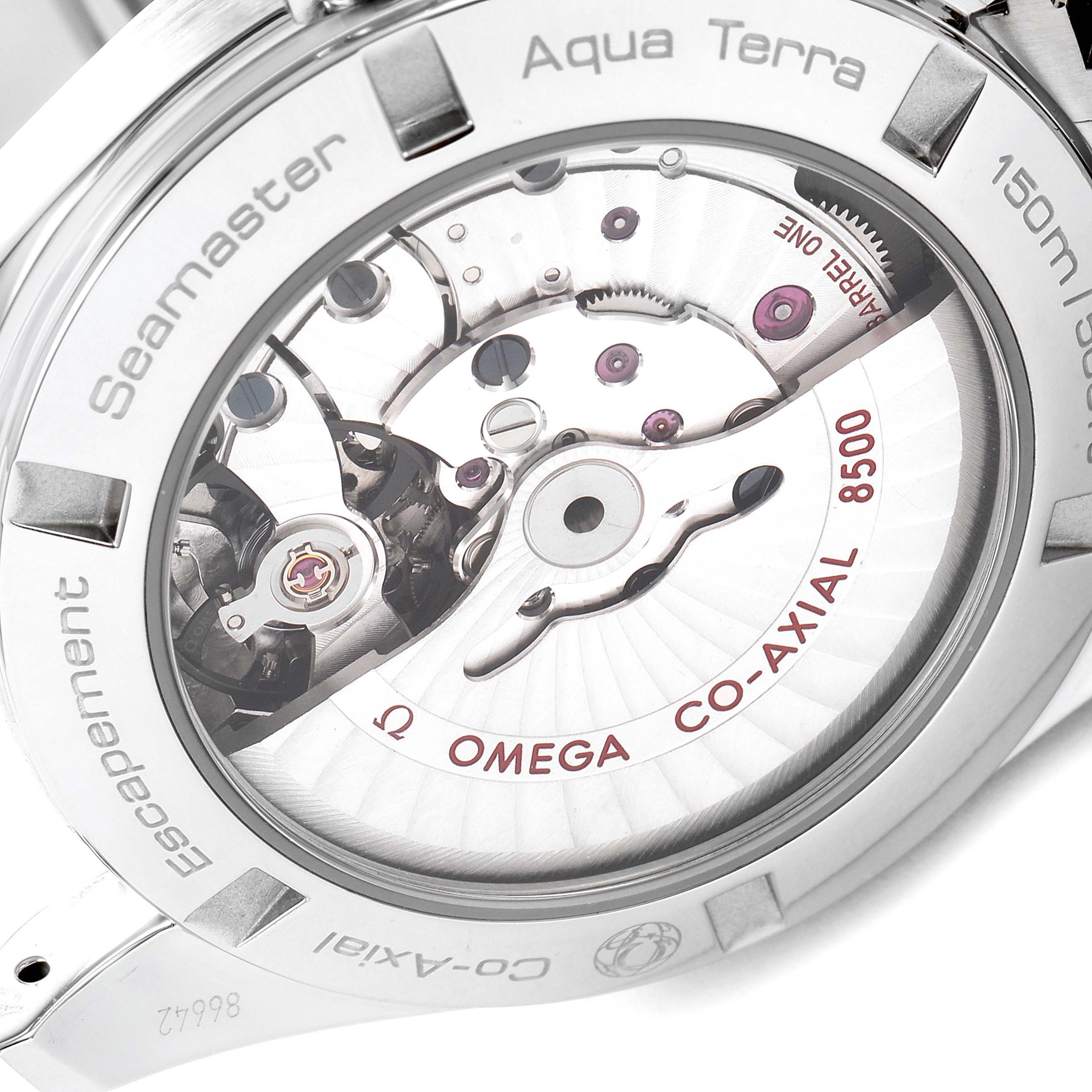 The image shows the back of the Omega Aqua Terra 231.10.42.21.02.002 Men
s Stainless Steel Silver Dial 231.10.42.21.02.002 Men
s Stainless Steel Silver Dial watch, showcasing its movement and internal mechanism.