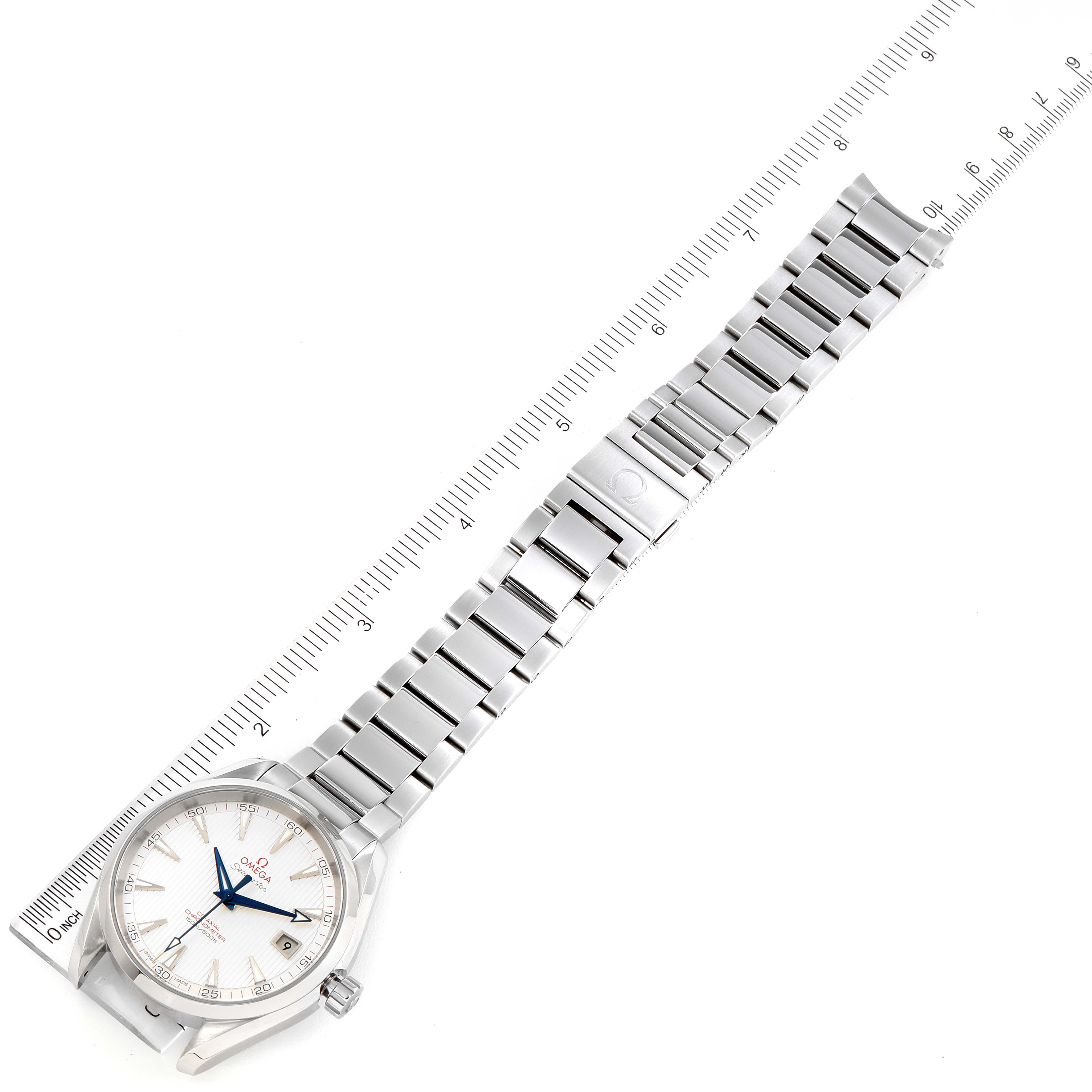 The image shows an Omega Aqua Terra 231.10.42.21.02.002 Men
s Stainless Steel Silver Dial 231.10.42.21.02.002 Men
s Stainless Steel Silver Dial watch laid flat with the entire face, bracelet, and clasp visible, and a ruler for scale.