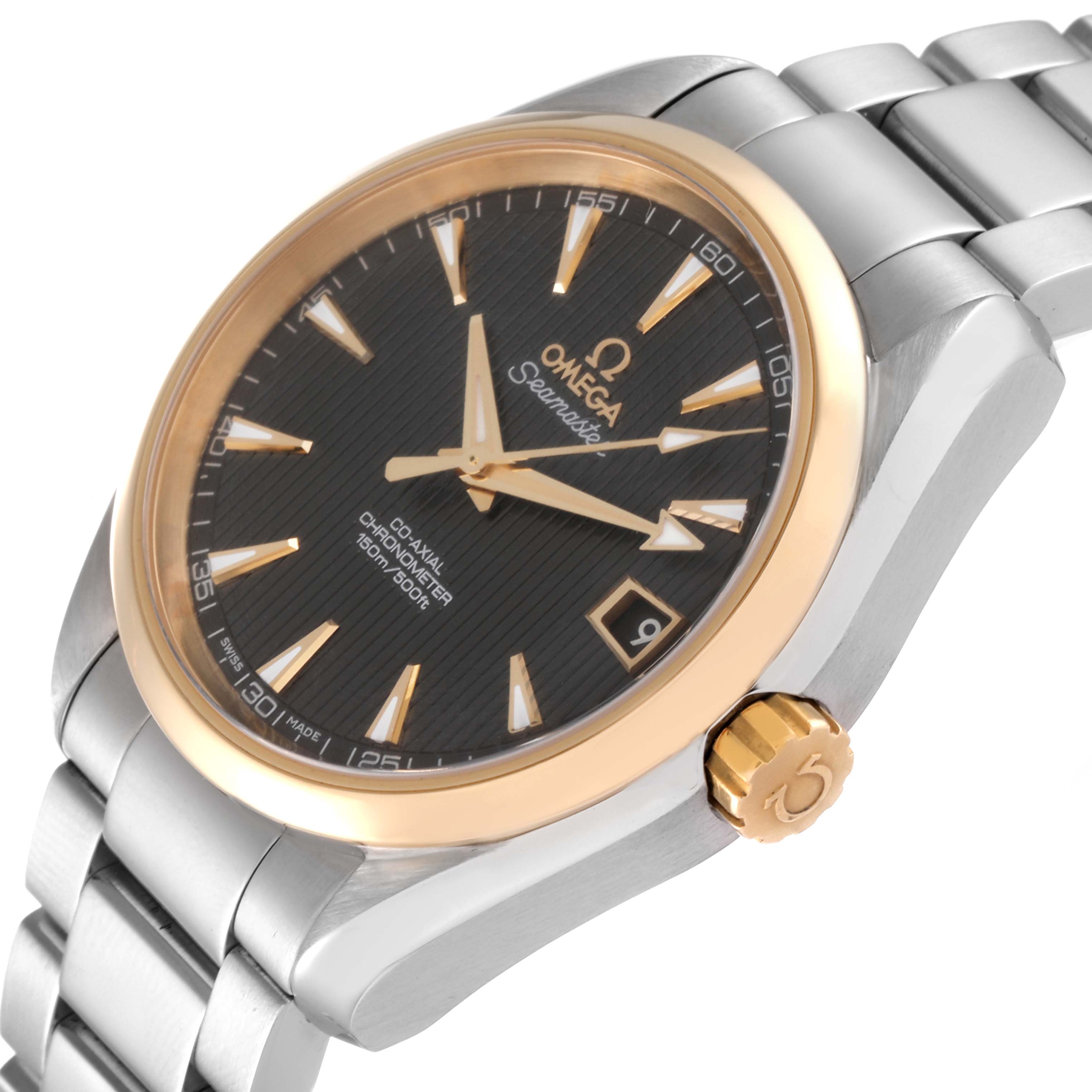 The image shows the Omega Aqua Terra 231.20.39.21.06.004 Men's Steel and Gold (two tone) Grey Dial 231.20.39.21.06.004 Men's Steel and Gold (two tone) Grey Dial model watch from an angle highlighting the face, bezel, crown, and bracelet.