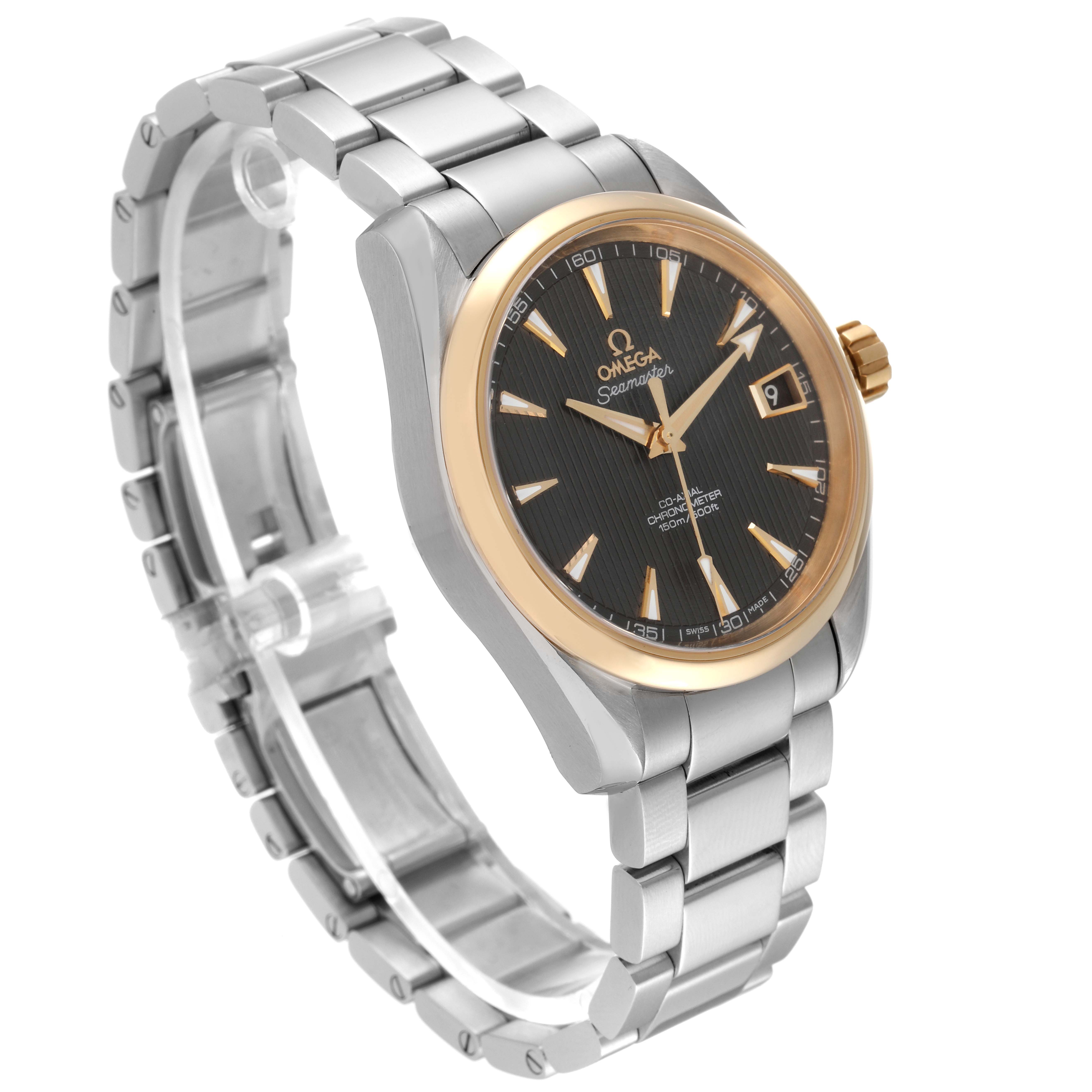 The image shows an Omega Aqua Terra 231.20.39.21.06.004 Men's Steel and Gold (two tone) Grey Dial 231.20.39.21.06.004 Men's Steel and Gold (two tone) Grey Dial watch at a slight angle, focusing on its face, bezel, and metal bracelet.