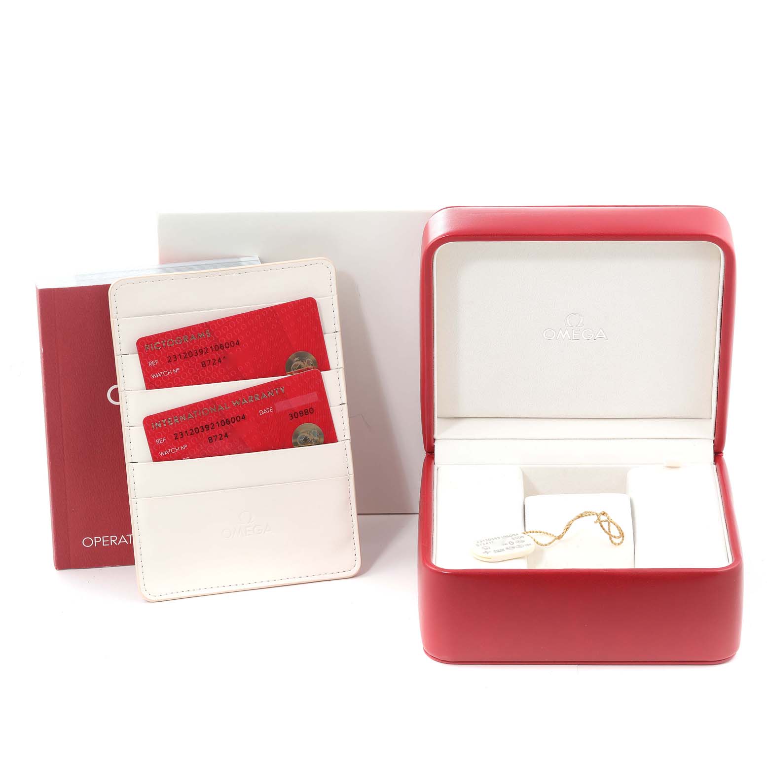 The image shows the packaging, warranty cards, and a box for the Omega Aqua Terra 231.20.39.21.06.004 Men's Steel and Gold (two tone) Grey Dial 231.20.39.21.06.004 Men's Steel and Gold (two tone) Grey Dial watch, without showing the watch itself.