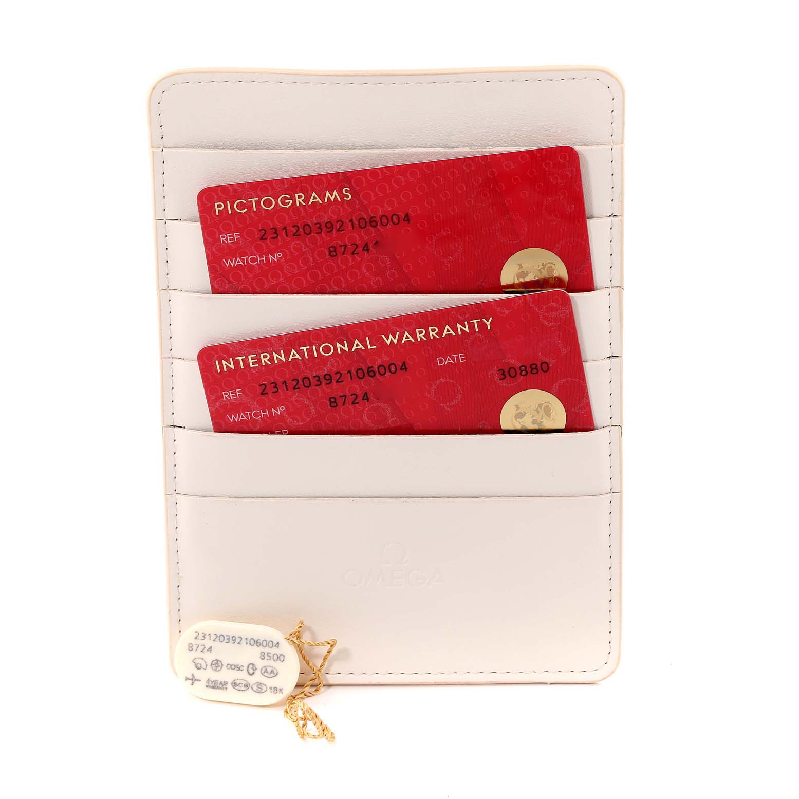 The image shows warranty and pictogram cards in a card holder along with a tag for the Omega Aqua Terra 231.20.39.21.06.004 Men's Steel and Gold (two tone) Grey Dial 231.20.39.21.06.004 Men's Steel and Gold (two tone) Grey Dial watch, captured from the top.