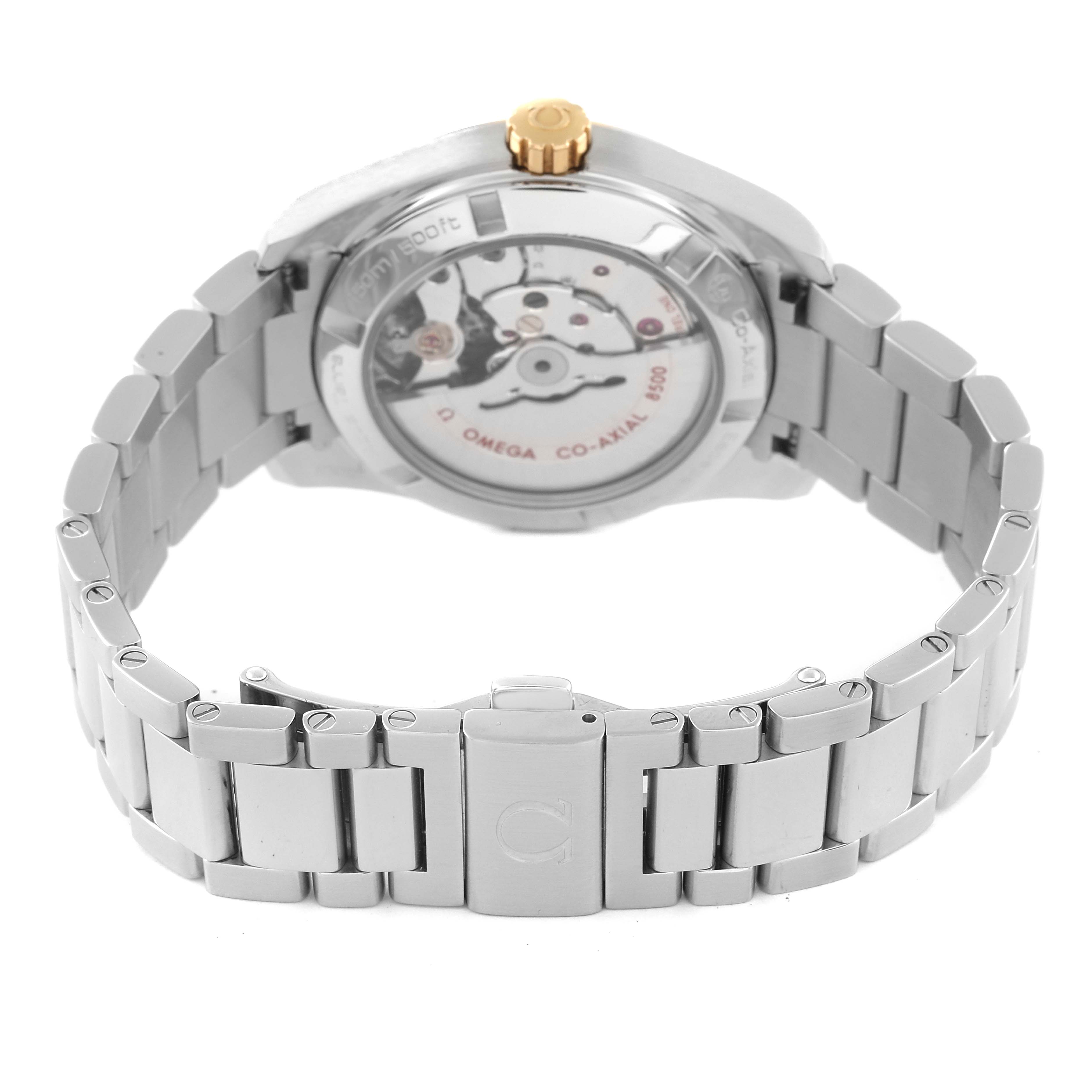 This image shows the back view of the Omega Aqua Terra 231.20.39.21.06.004 Men's Steel and Gold (two tone) Grey Dial 231.20.39.21.06.004 Men's Steel and Gold (two tone) Grey Dial watch, highlighting the case back and bracelet.