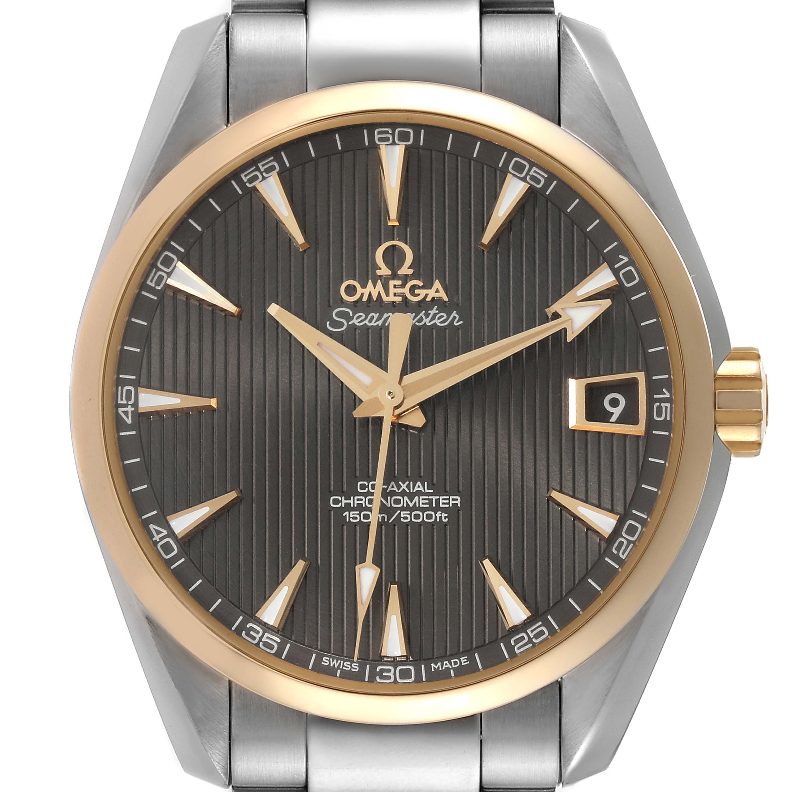 The image shows a front view of the Omega Aqua Terra 231.20.39.21.06.004 Men's Steel and Gold (two tone) Grey Dial 231.20.39.21.06.004 Men's Steel and Gold (two tone) Grey Dial watch, highlighting the face, hour markers, hands, and bezel.