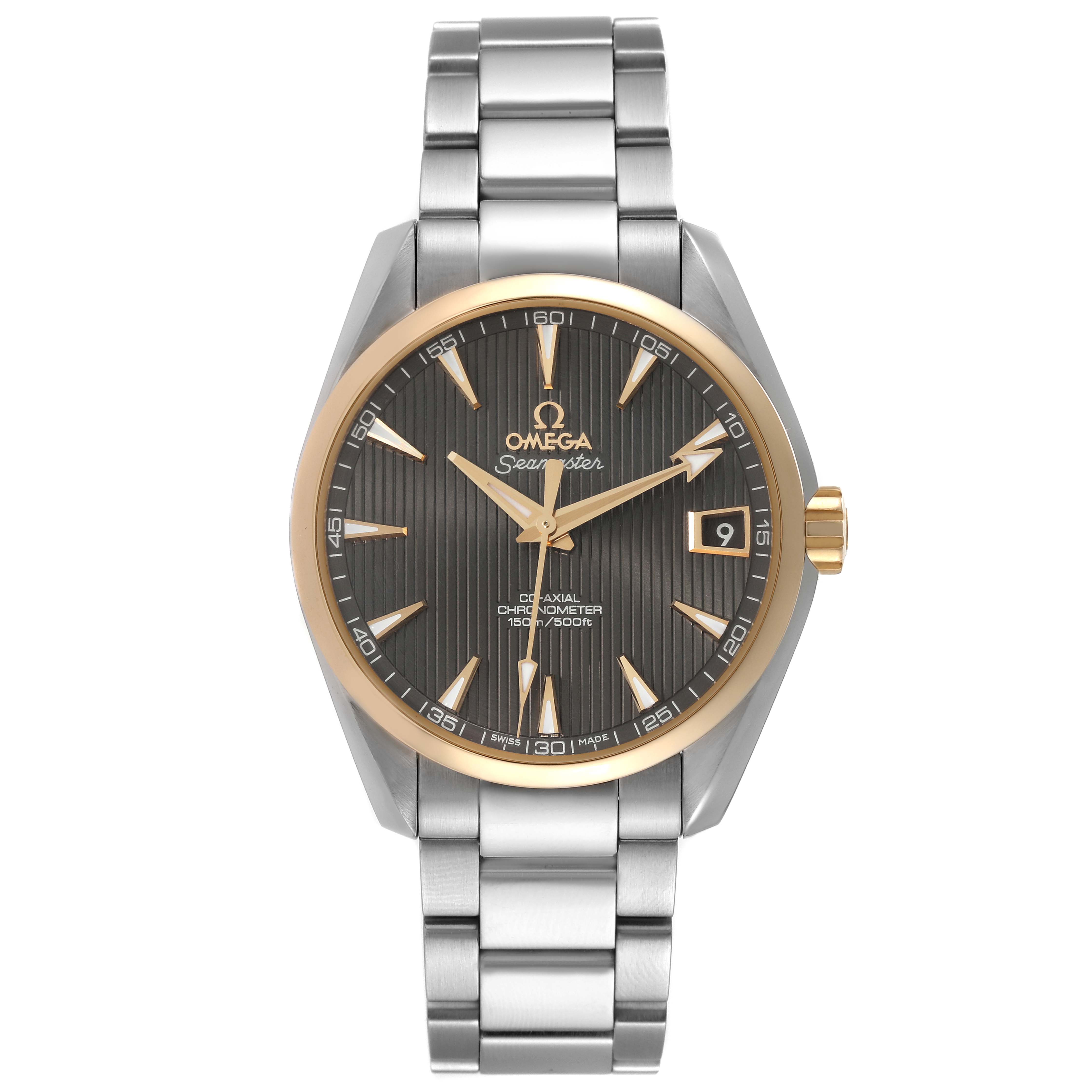 The image shows a front view of the Omega Aqua Terra 231.20.39.21.06.004 Men's Steel and Gold (two tone) Grey Dial 231.20.39.21.06.004 Men's Steel and Gold (two tone) Grey Dial watch, highlighting its dial, bezel, bracelet, and crown.